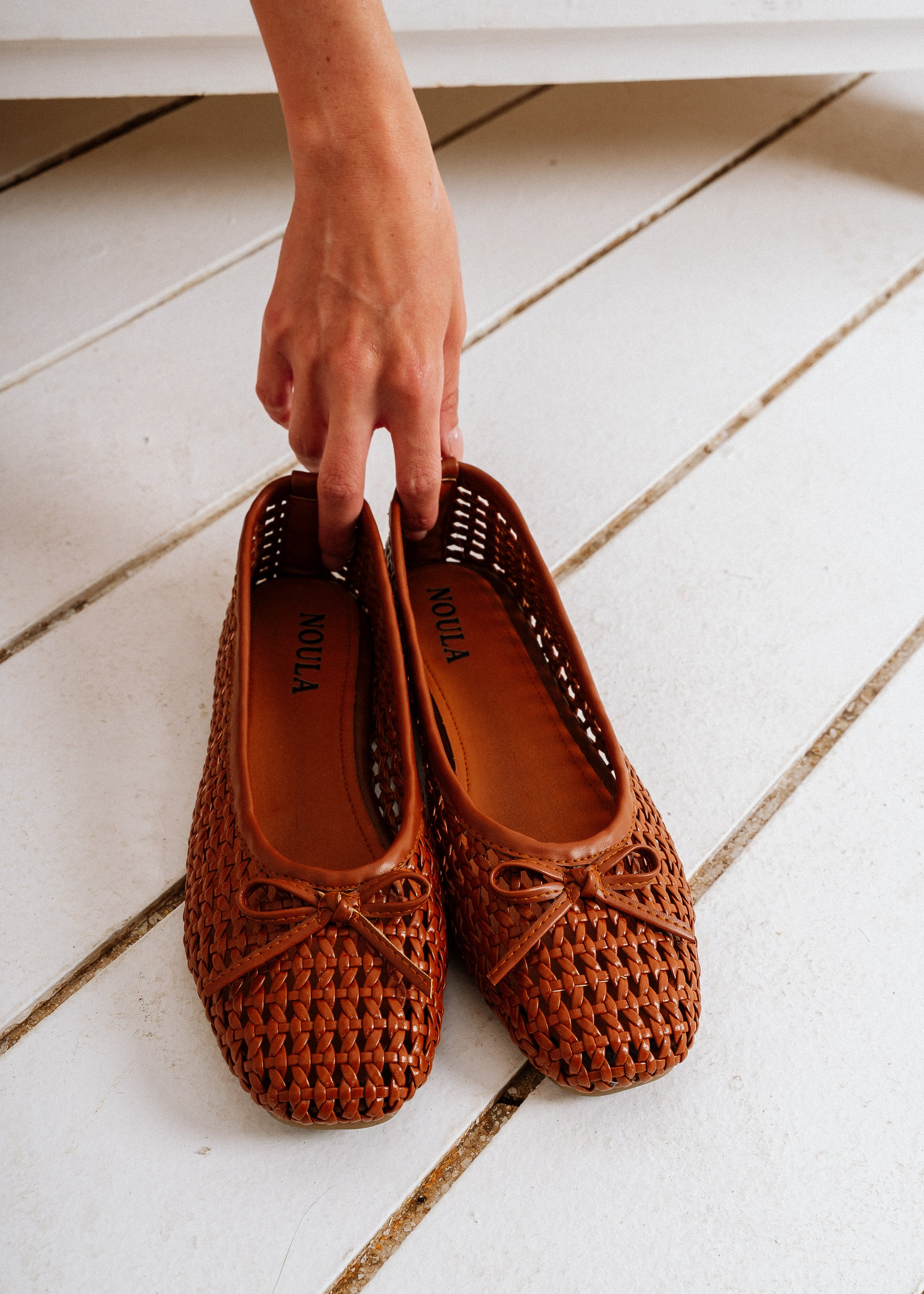 Caged Woven Ballet Flats - camel