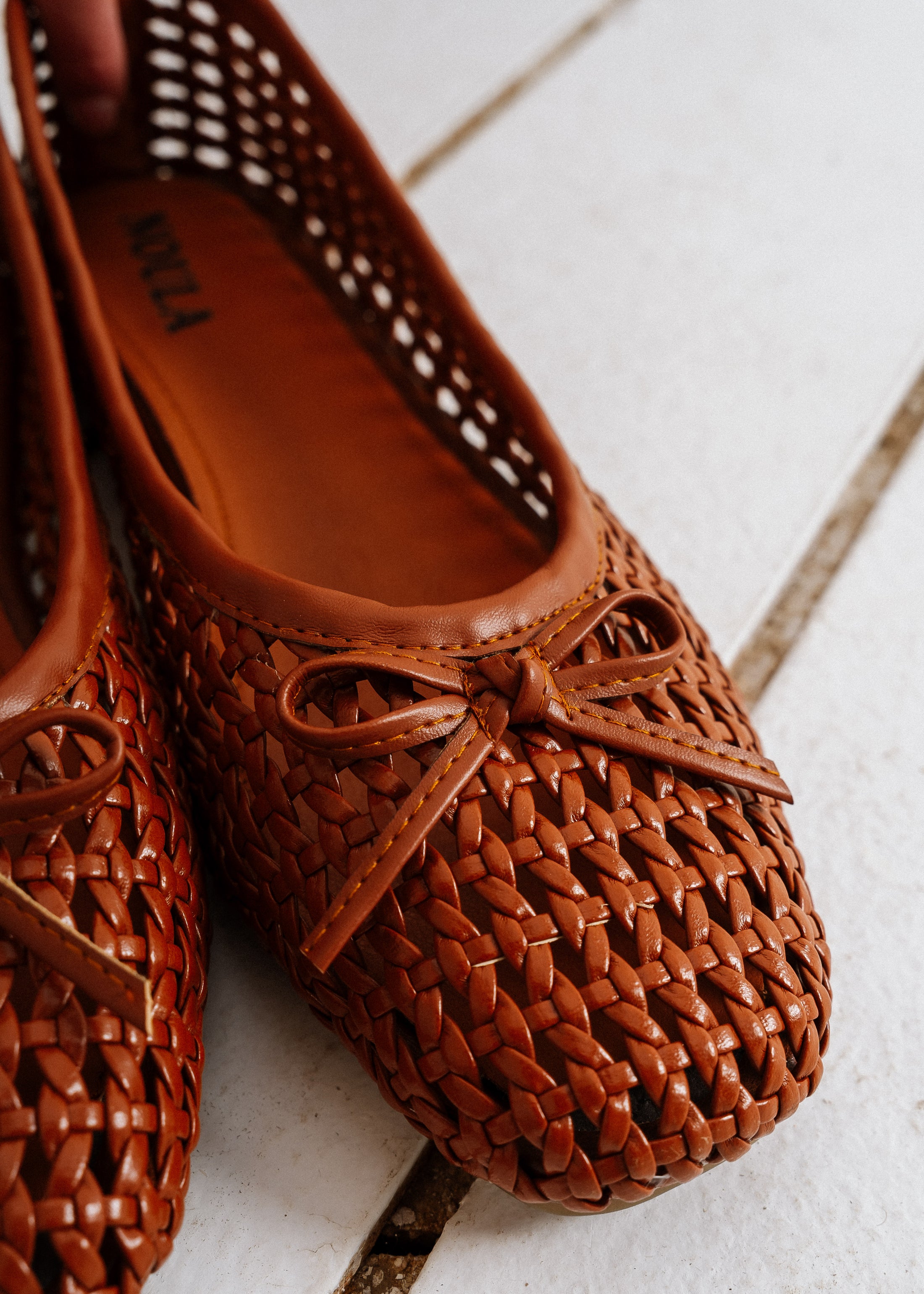 Caged Woven Ballet Flats - camel