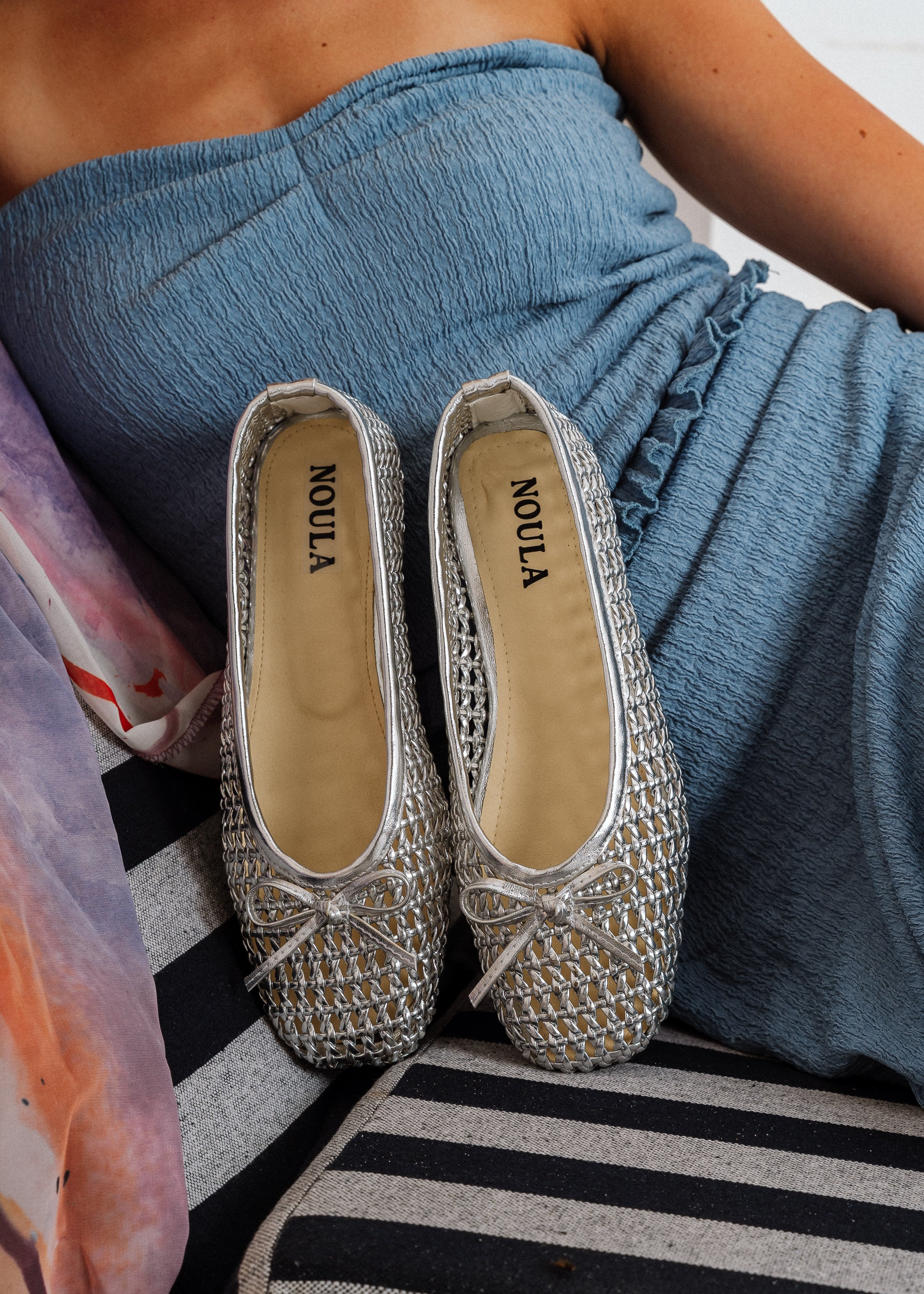 Caged Woven Ballet Flats - sliver