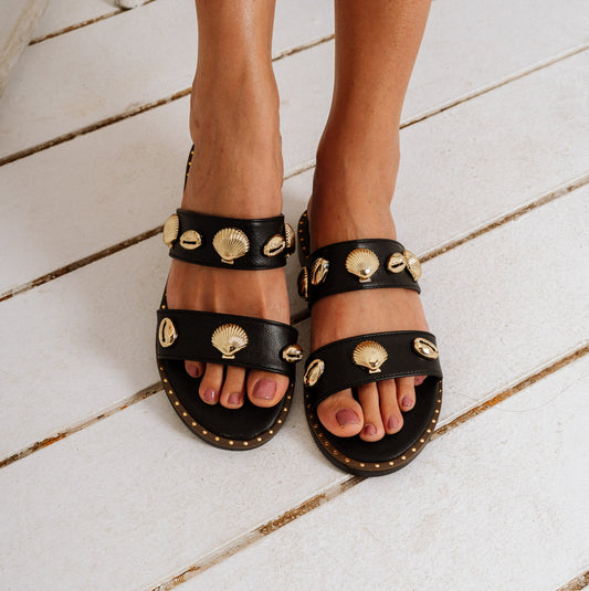 Summer Shell Flat Slides - black