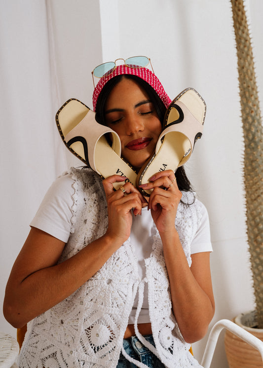 Two-Tone Studded Slide - beige