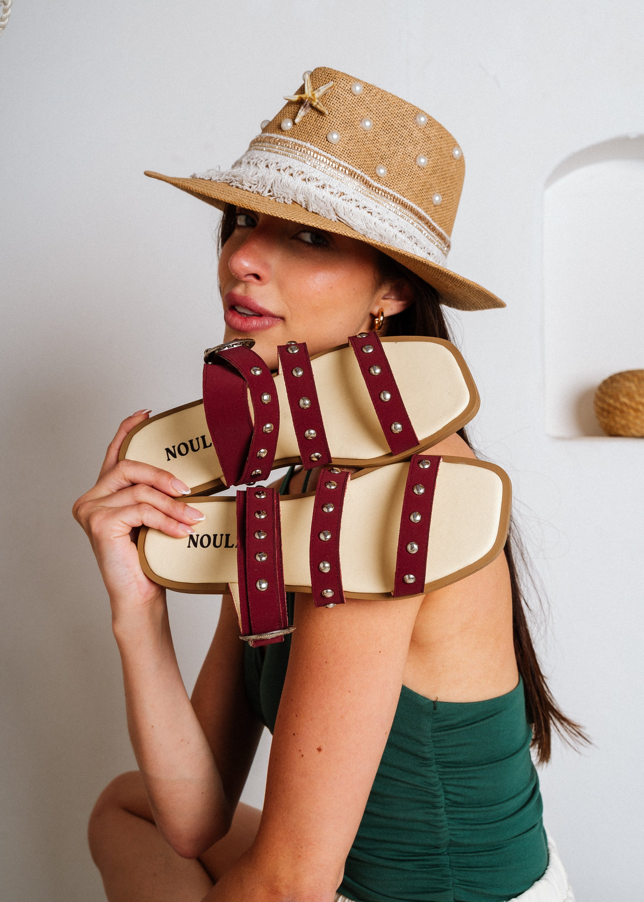 Studded Multi-Strap Sandals - maroon