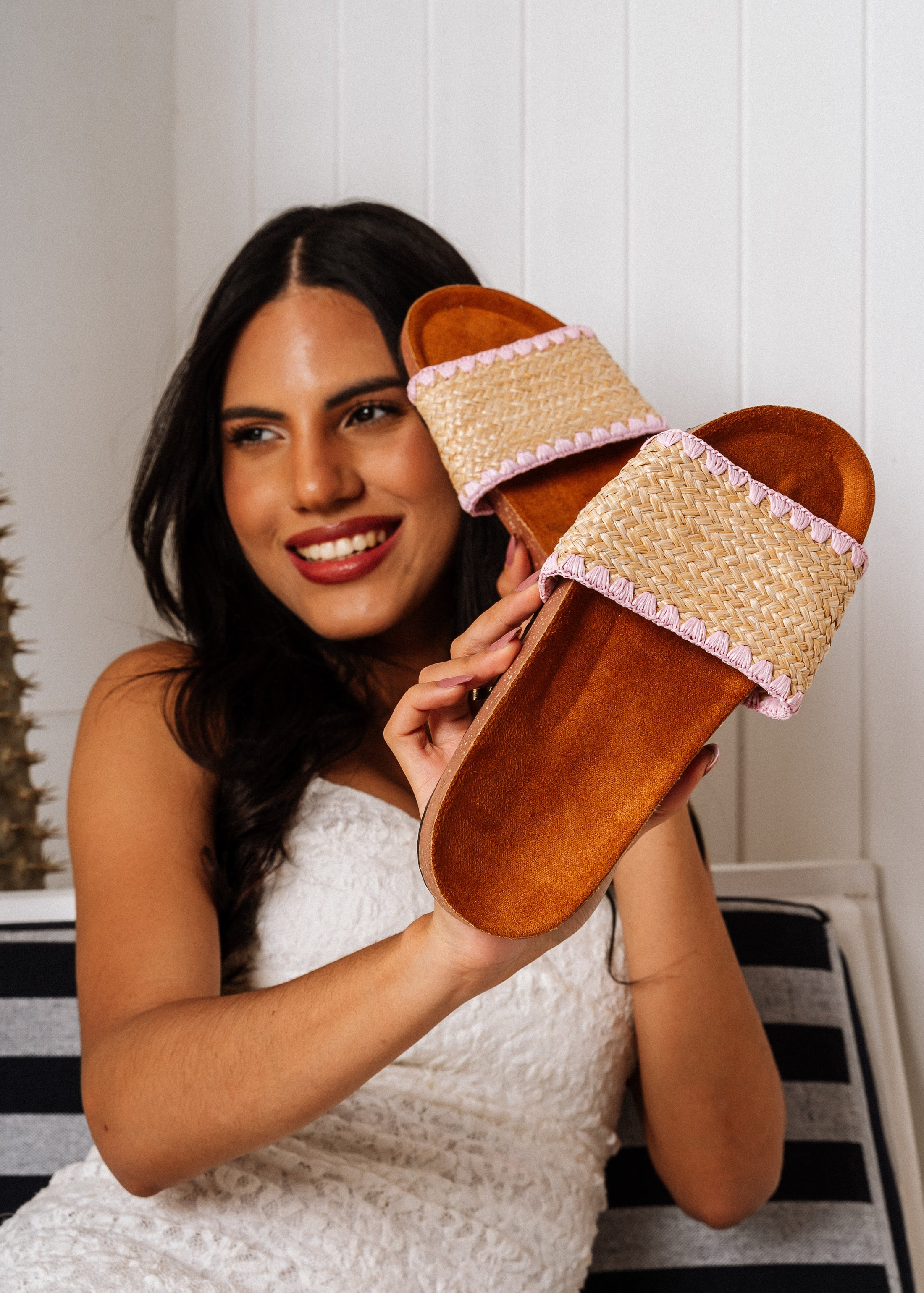 Textured Straw Trim Mules - pink