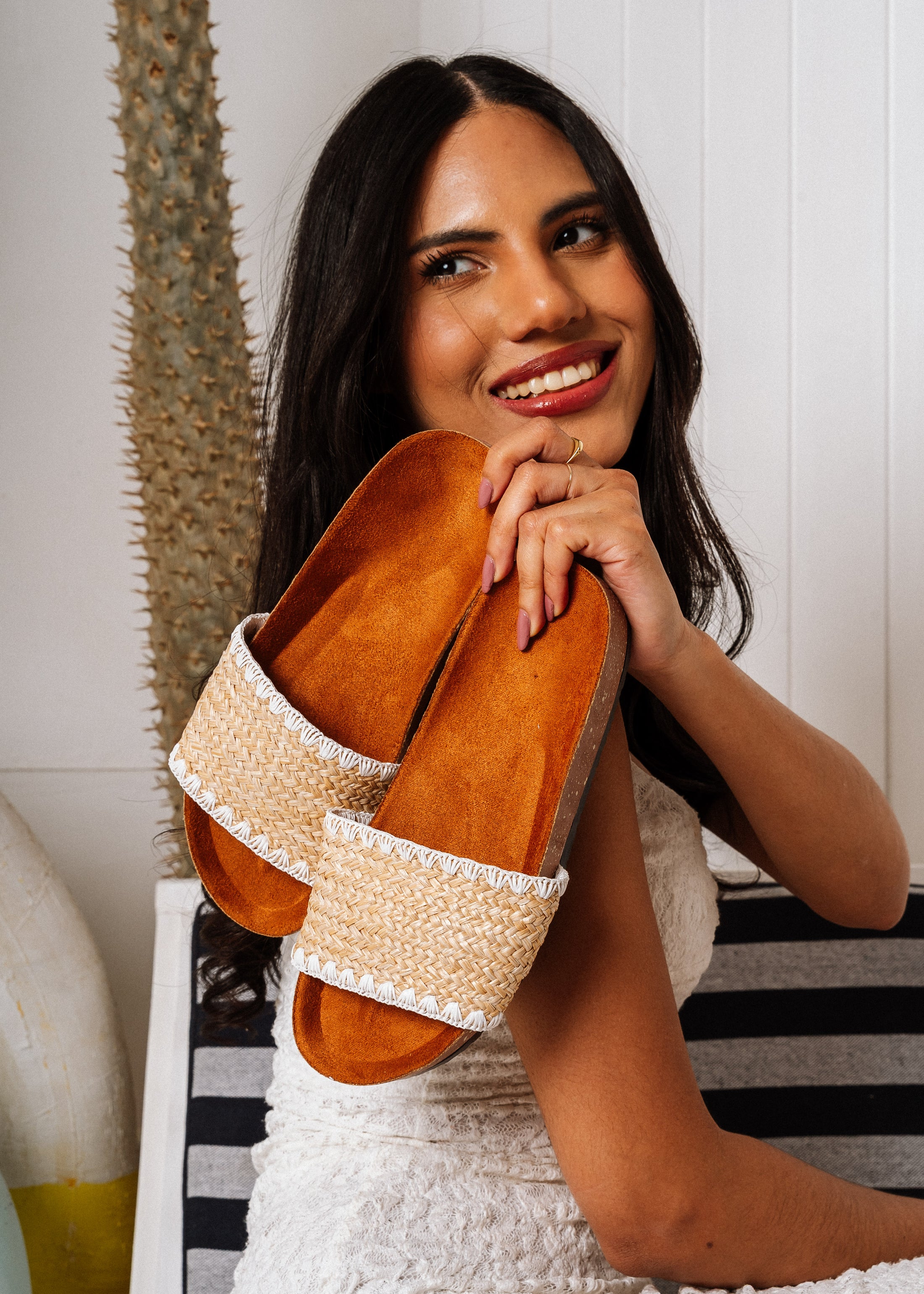 Textured Straw Trim Mules - white