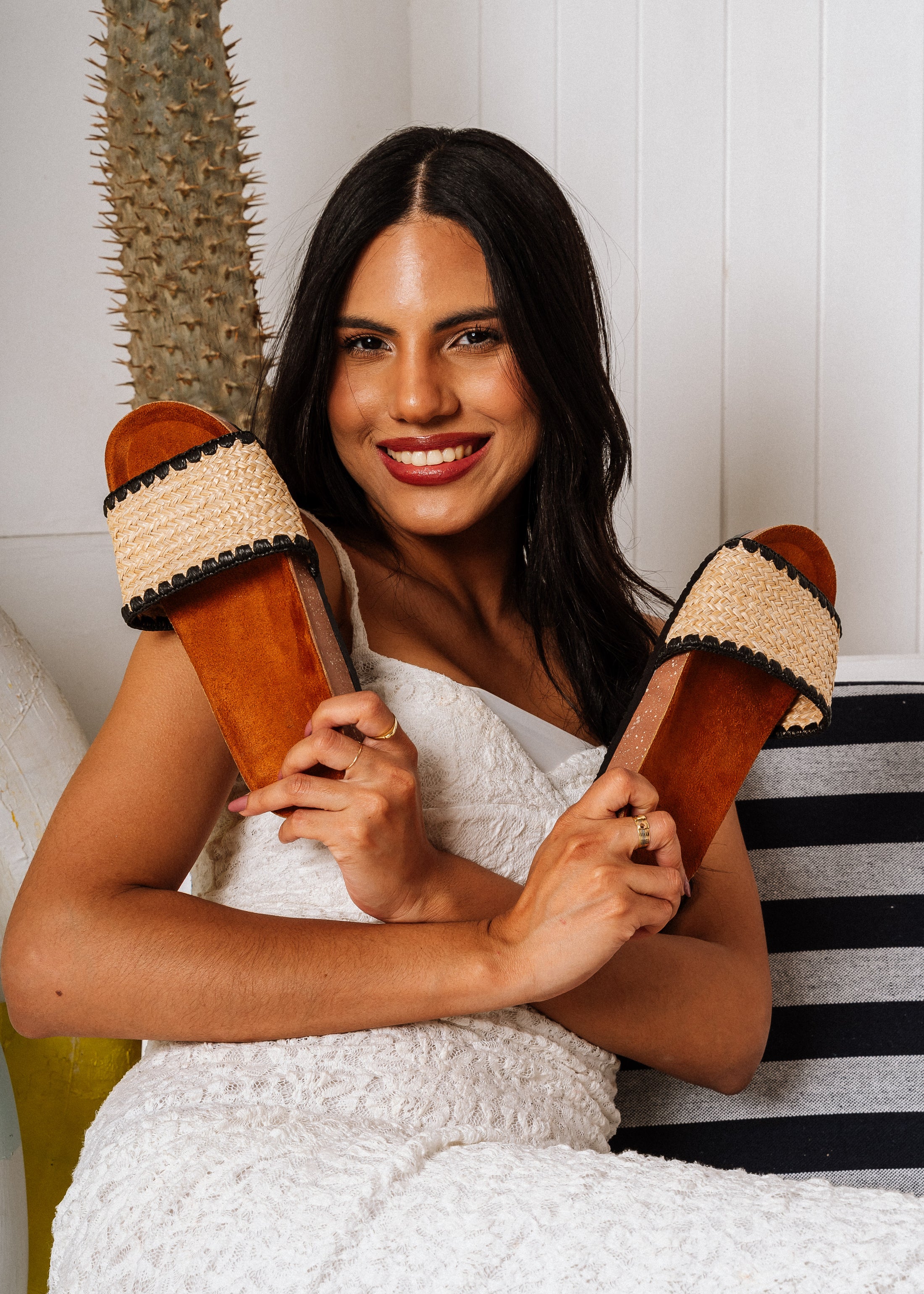 Textured Straw Trim Mules - black
