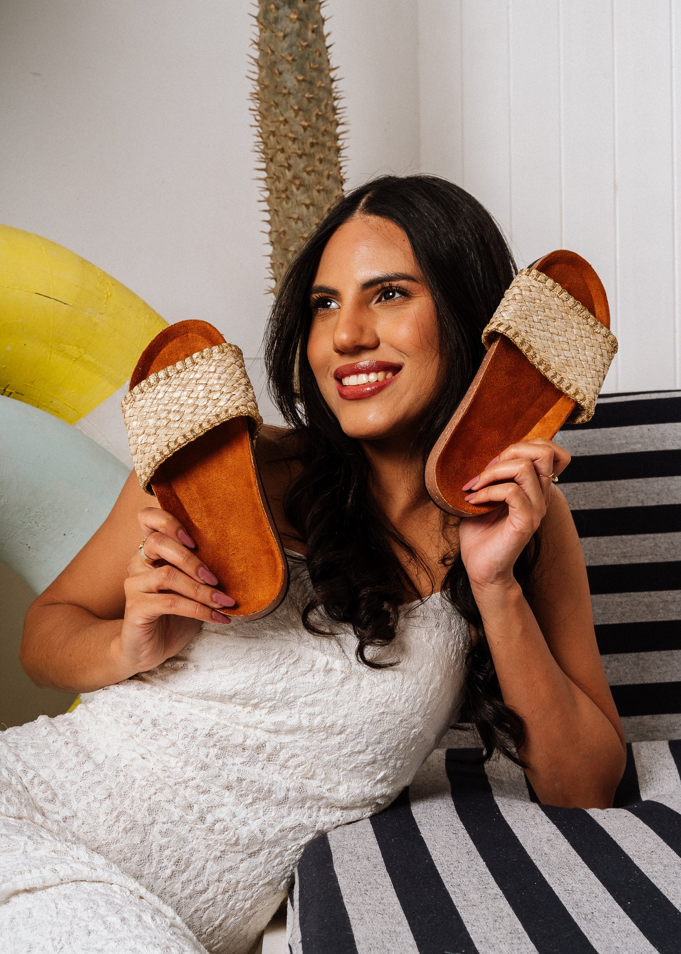 Textured Straw Trim Mules - cafe