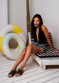 Load image into Gallery viewer, V-Cut Open-Toe Flat Slides- olive
