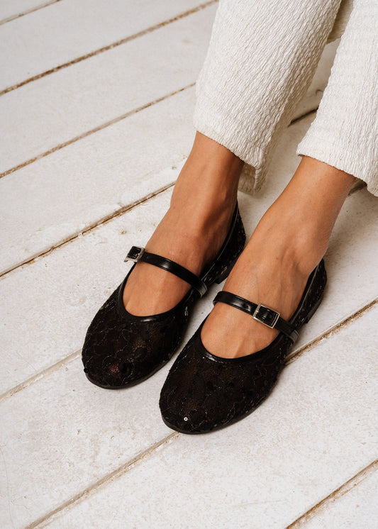 The Lace Mary Jane Flat -  black