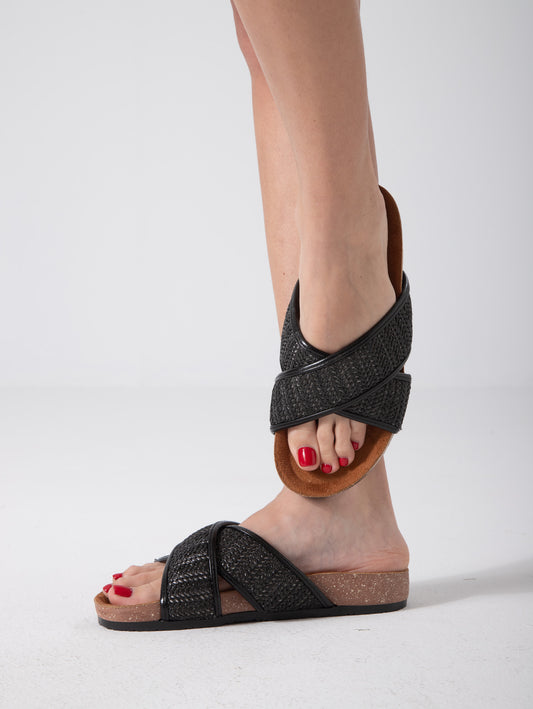 Woven Crisscross Strap Slides - black