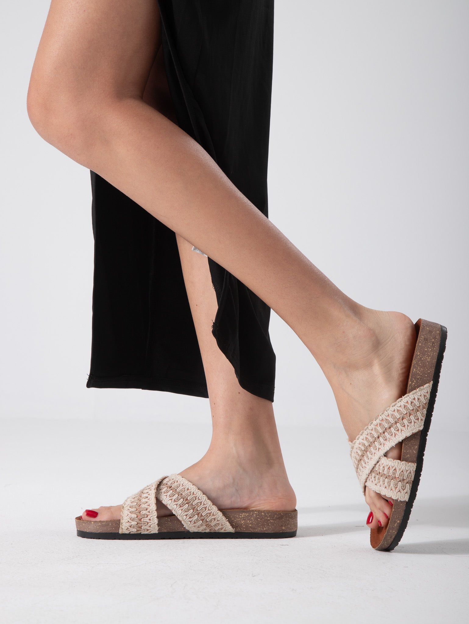 Macrame Style Cross Strap Slides - Beige