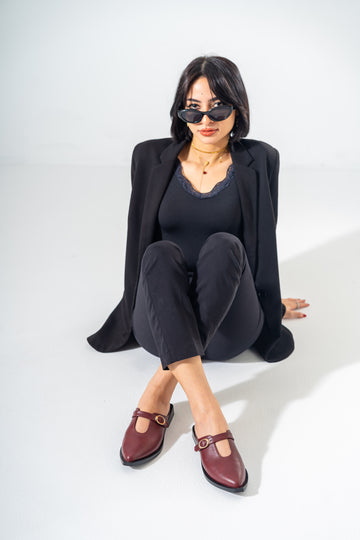 The Minimalist Buckle Mules-MAROON