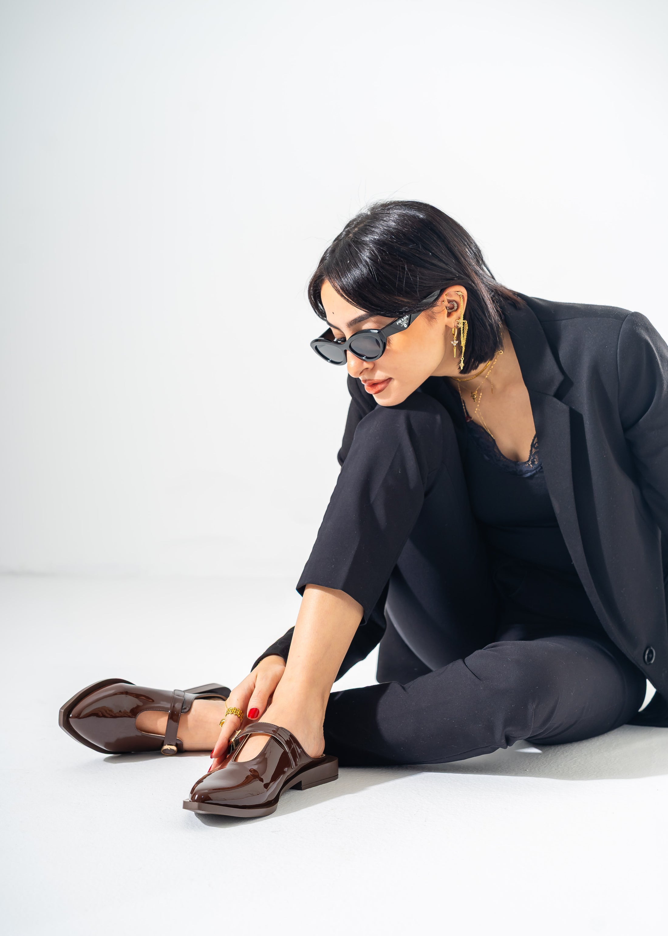 Patent T-Strap Pointed Mules-BROWN