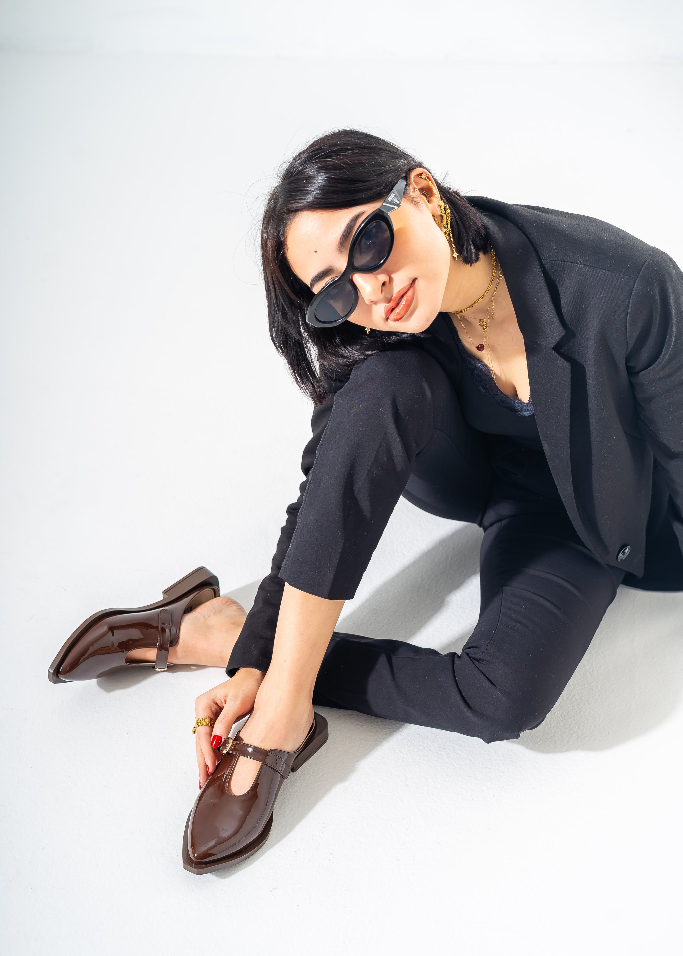 Patent T-Strap Pointed Mules-BROWN