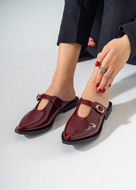 Patent T-Strap Pointed Mules-MAROON