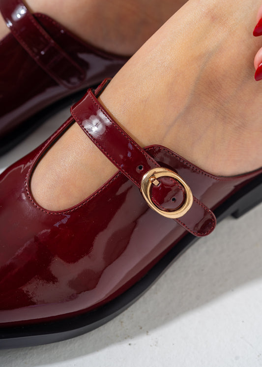 Patent T-Strap Pointed Mules-MAROON