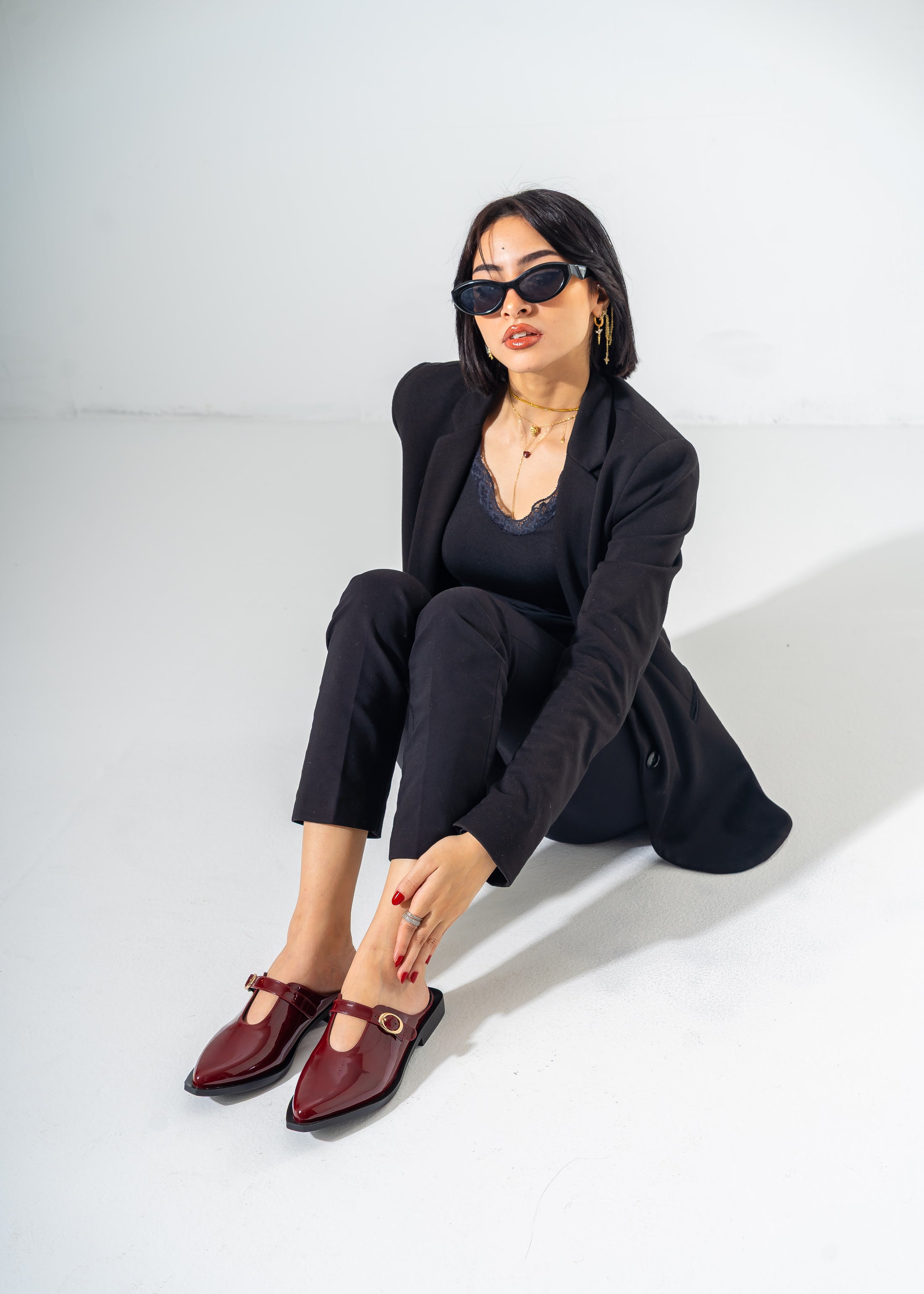 Patent T-Strap Pointed Mules-MAROON