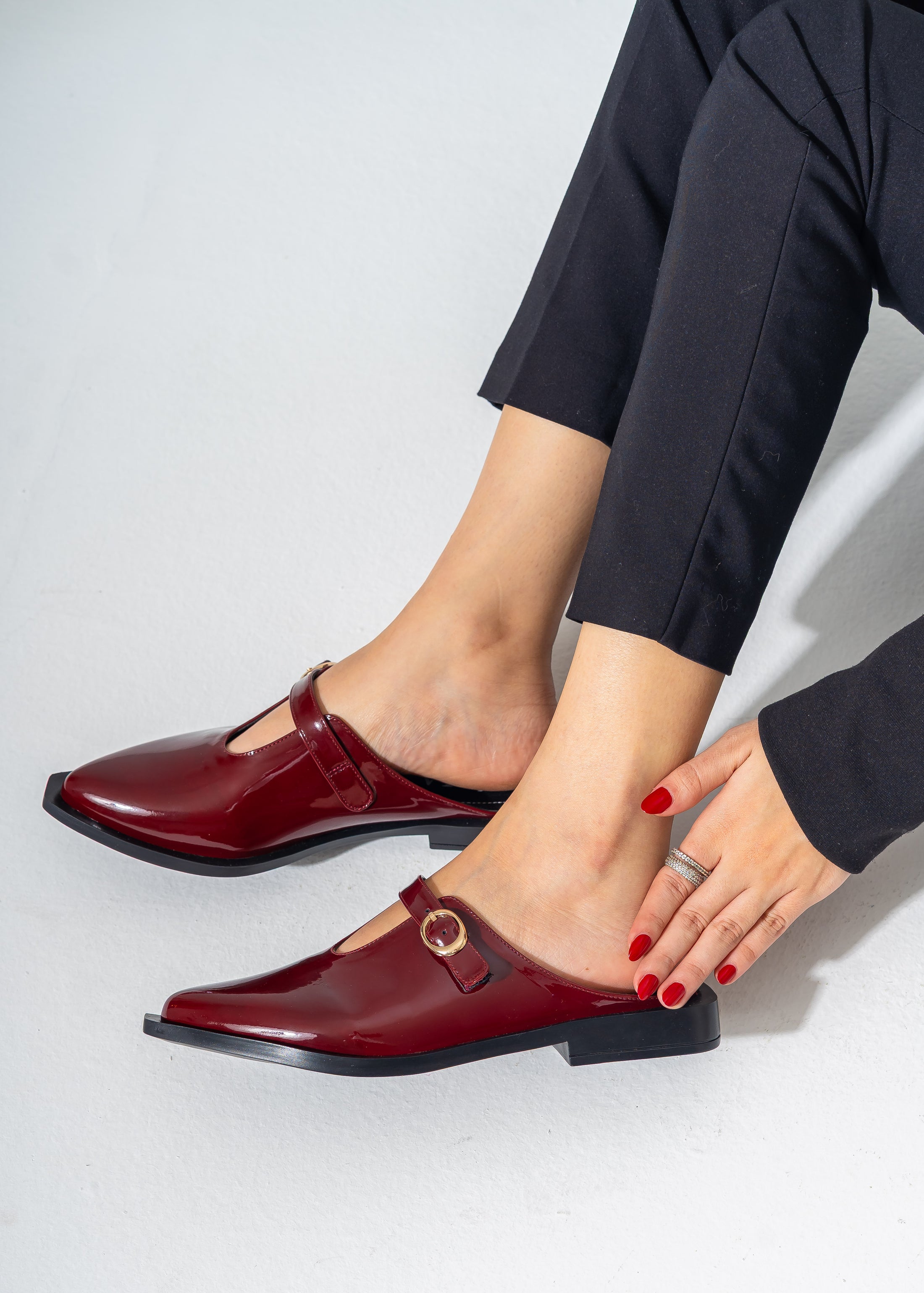 Patent T-Strap Pointed Mules-MAROON