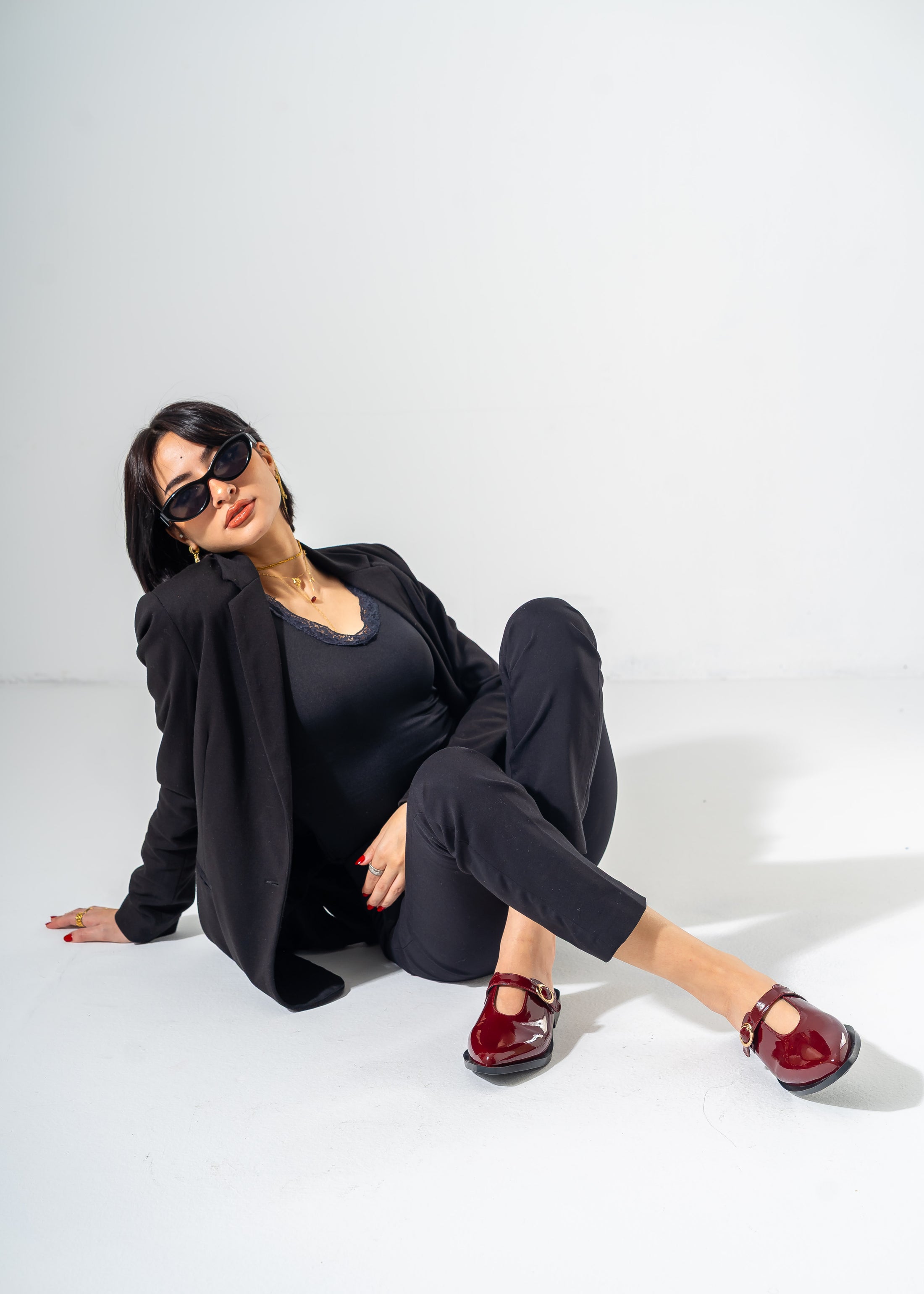 Patent T-Strap Pointed Mules-MAROON