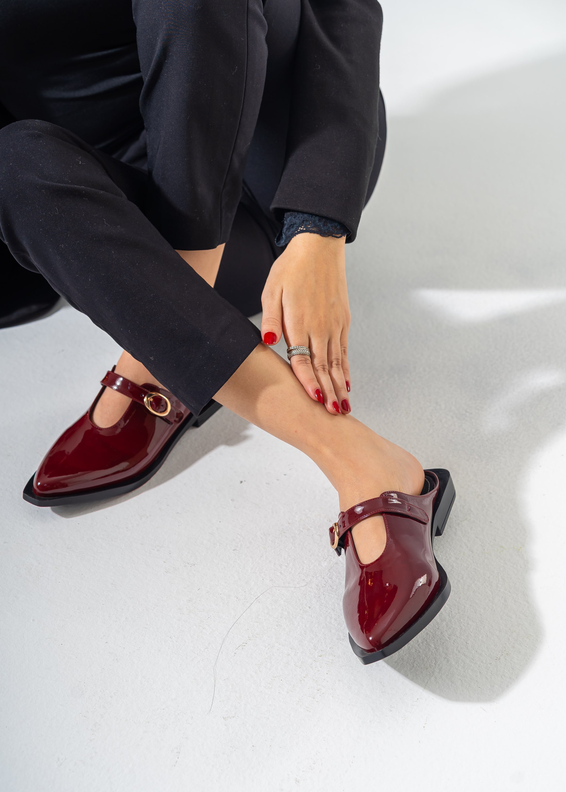 Patent T-Strap Pointed Mules-MAROON