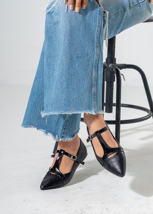 Pointed-Toe T-Strap Mary Jane Flats-BLACK