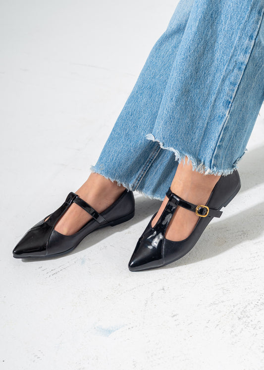 Pointed T-Bar Ballet Flats-BLACK