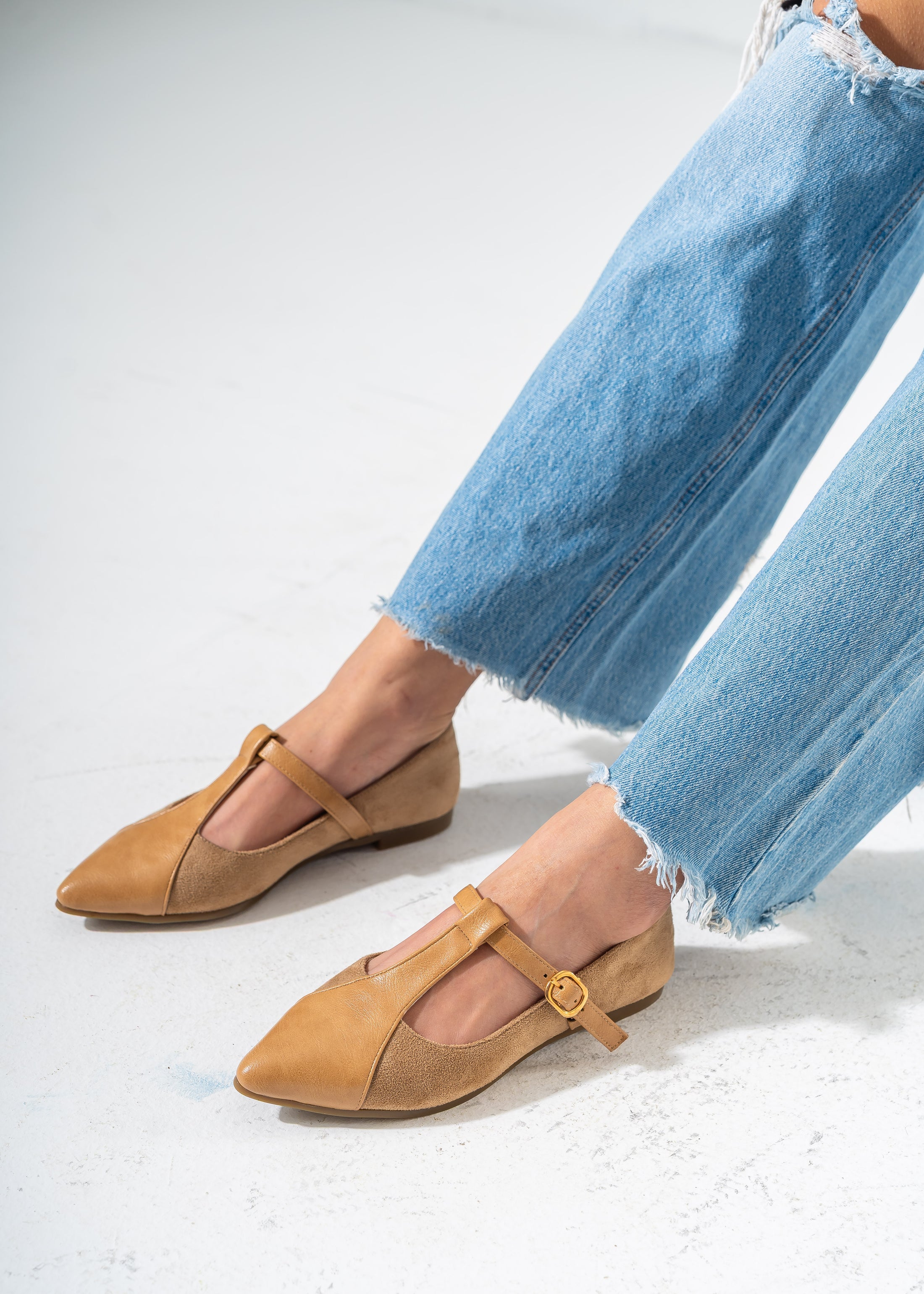 Pointed Toe T-Strap Flats-CAFFE
