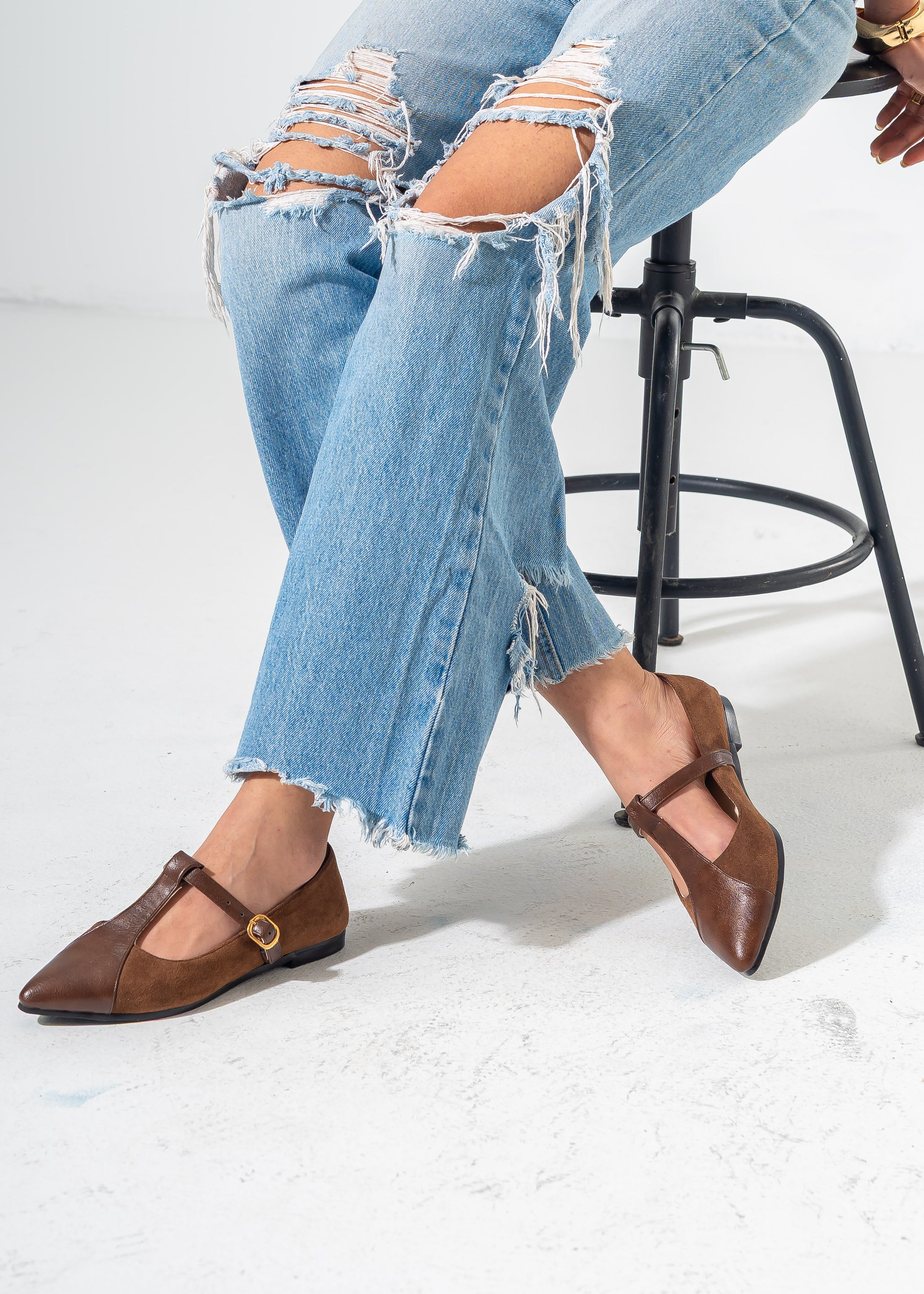 Pointed Toe T-Strap Flats-BROWN