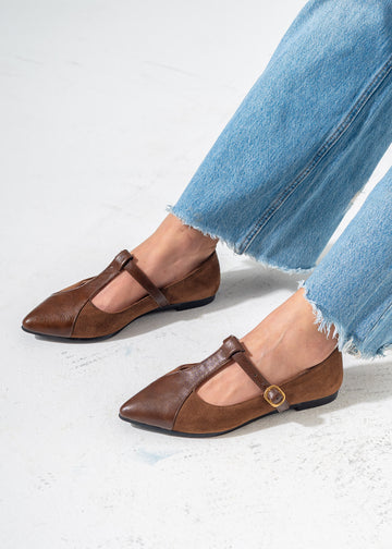 Pointed Toe T-Strap Flats-BROWN
