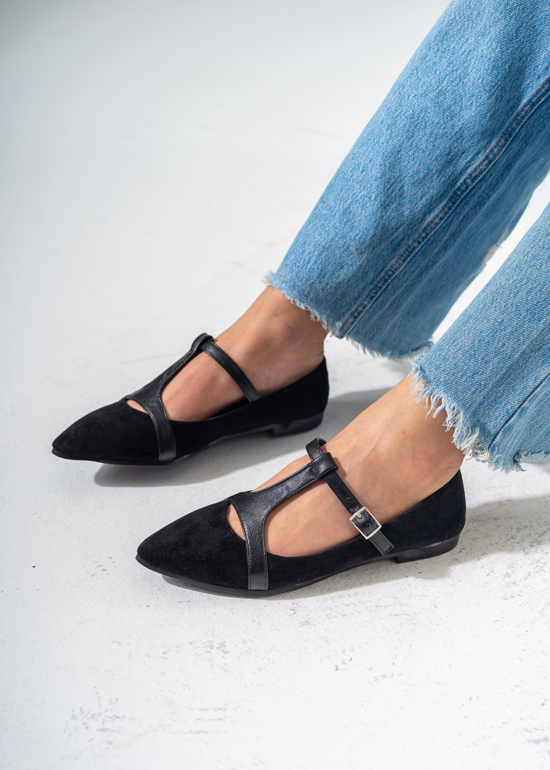 Elegant Buckled T-Strap Flats-BLACK