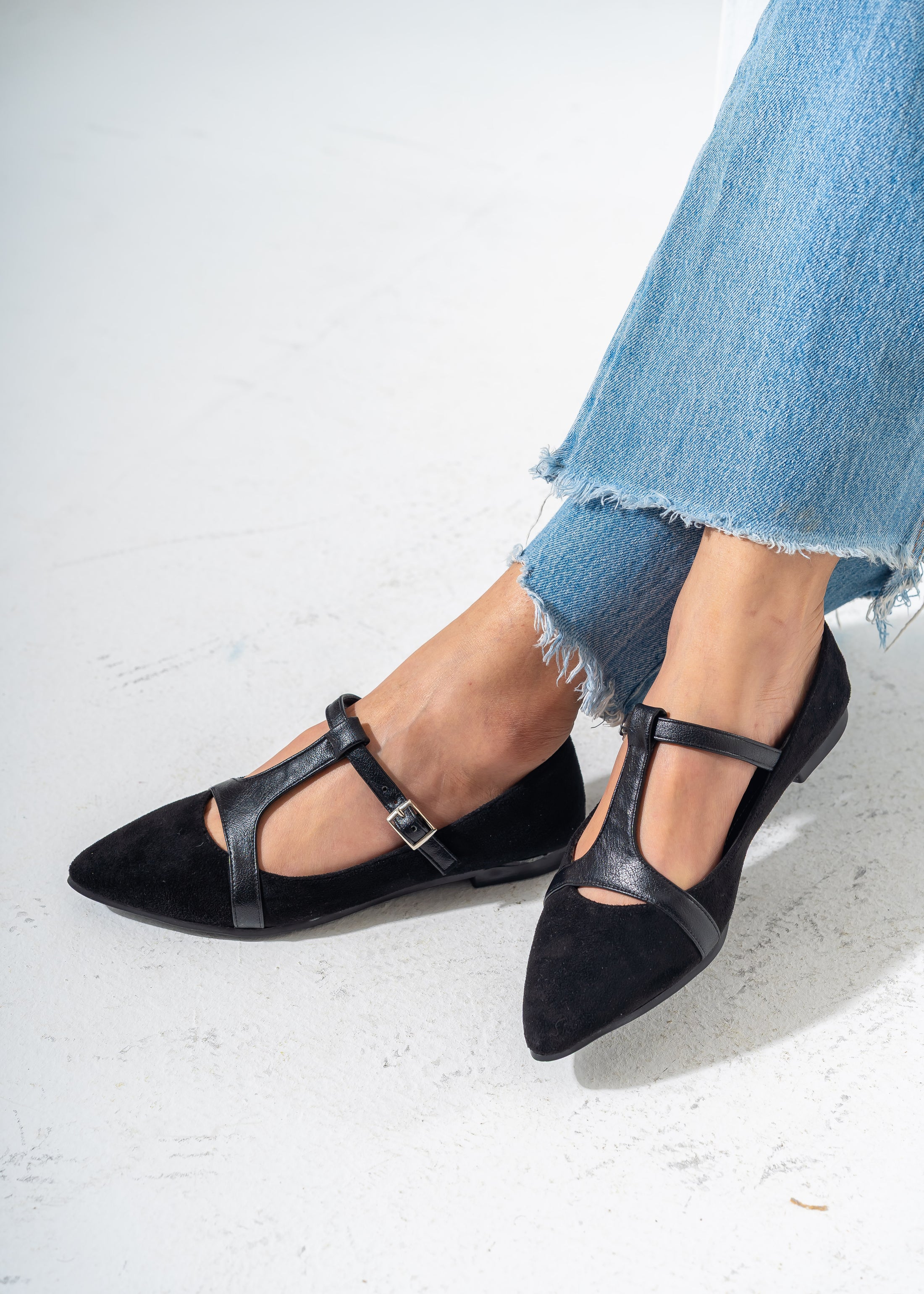 Elegant Buckled T-Strap Flats-BLACK