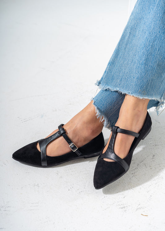 Elegant Buckled T-Strap Flats-BLACK