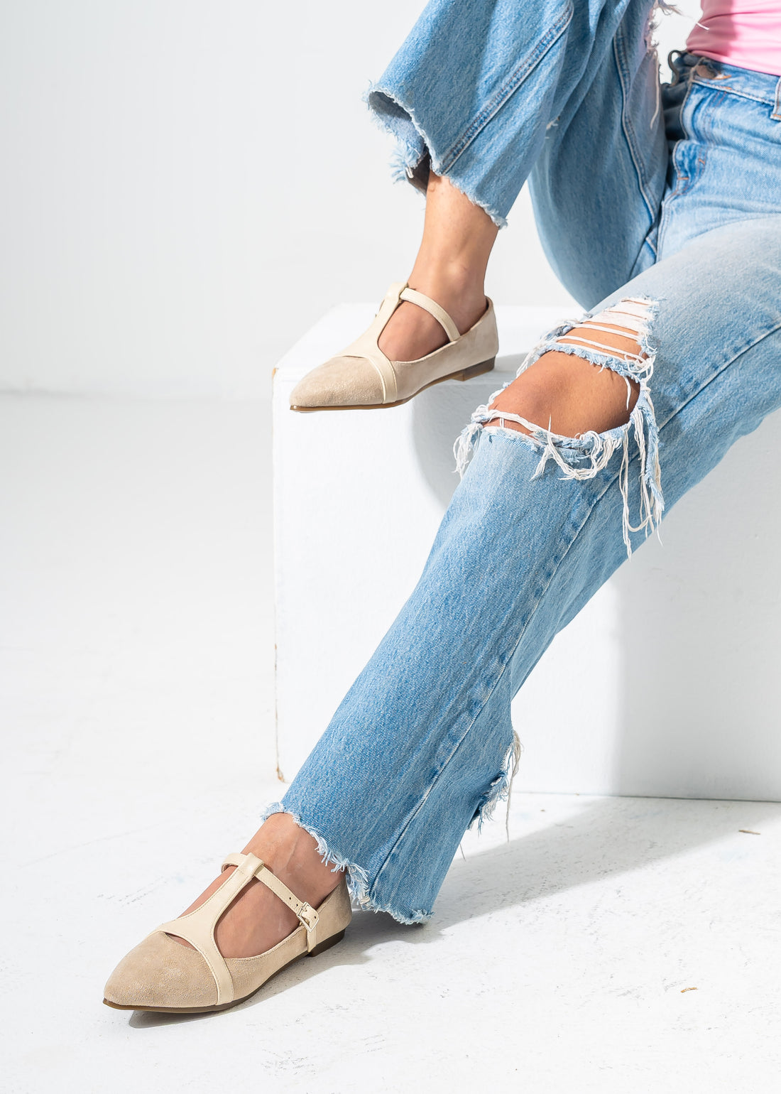 Elegant Buckled T-Strap Flats-BEIGE