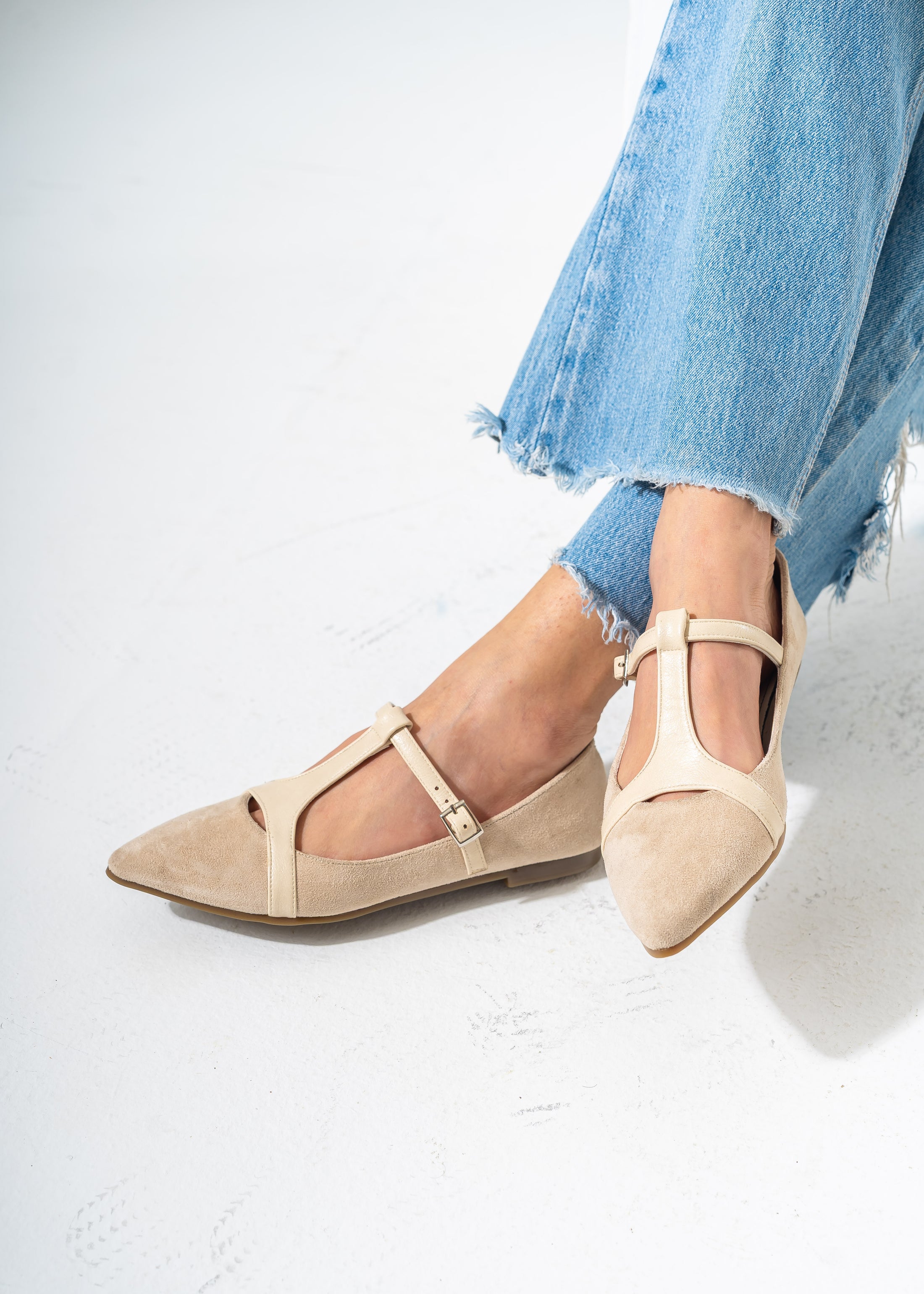 Elegant Buckled T-Strap Flats-BEIGE