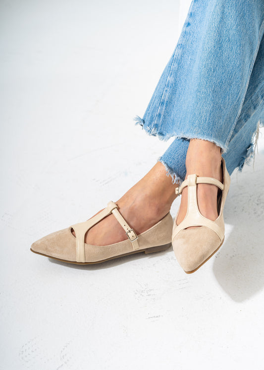 Elegant Buckled T-Strap Flats-BEIGE