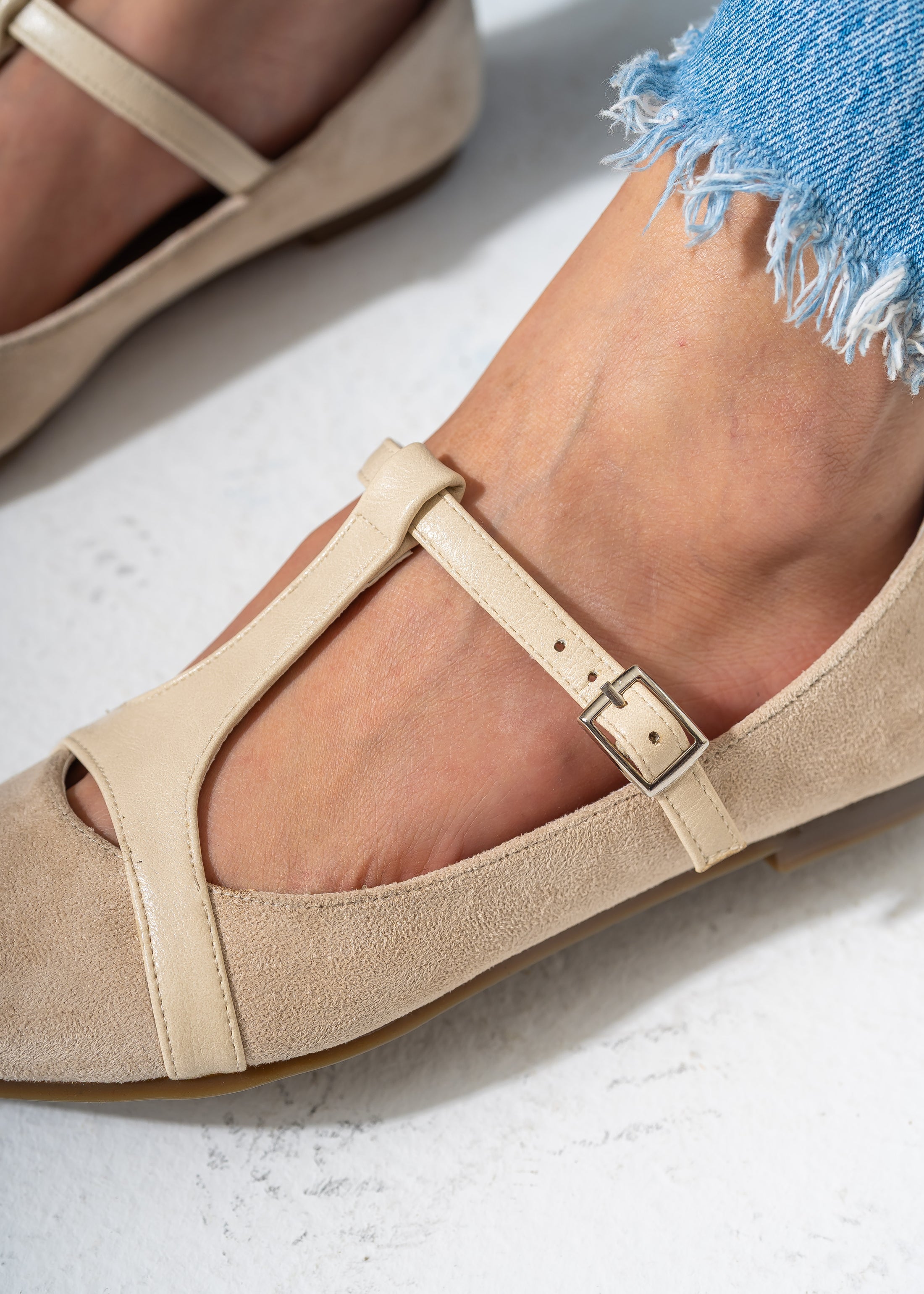 Elegant Buckled T-Strap Flats-BEIGE
