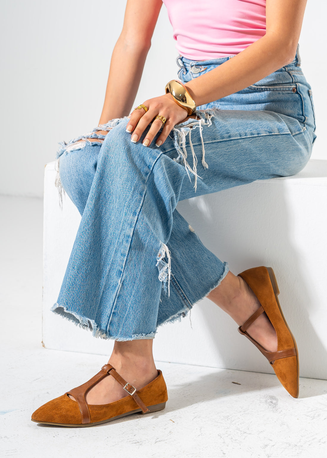 Elegant Buckled T-Strap Flats-CAMEL