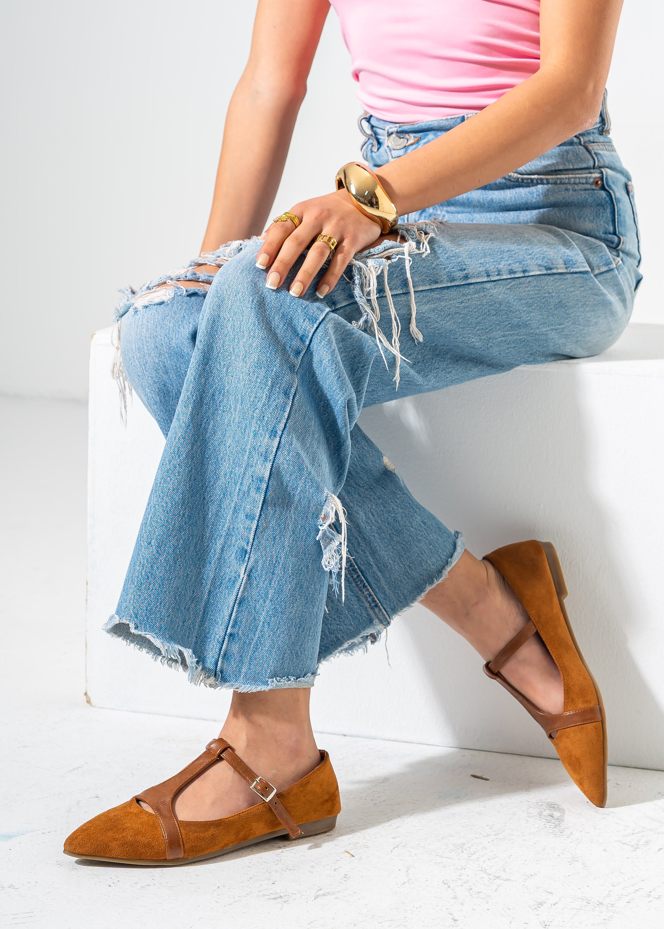 Elegant Buckled T-Strap Flats-CAMEL