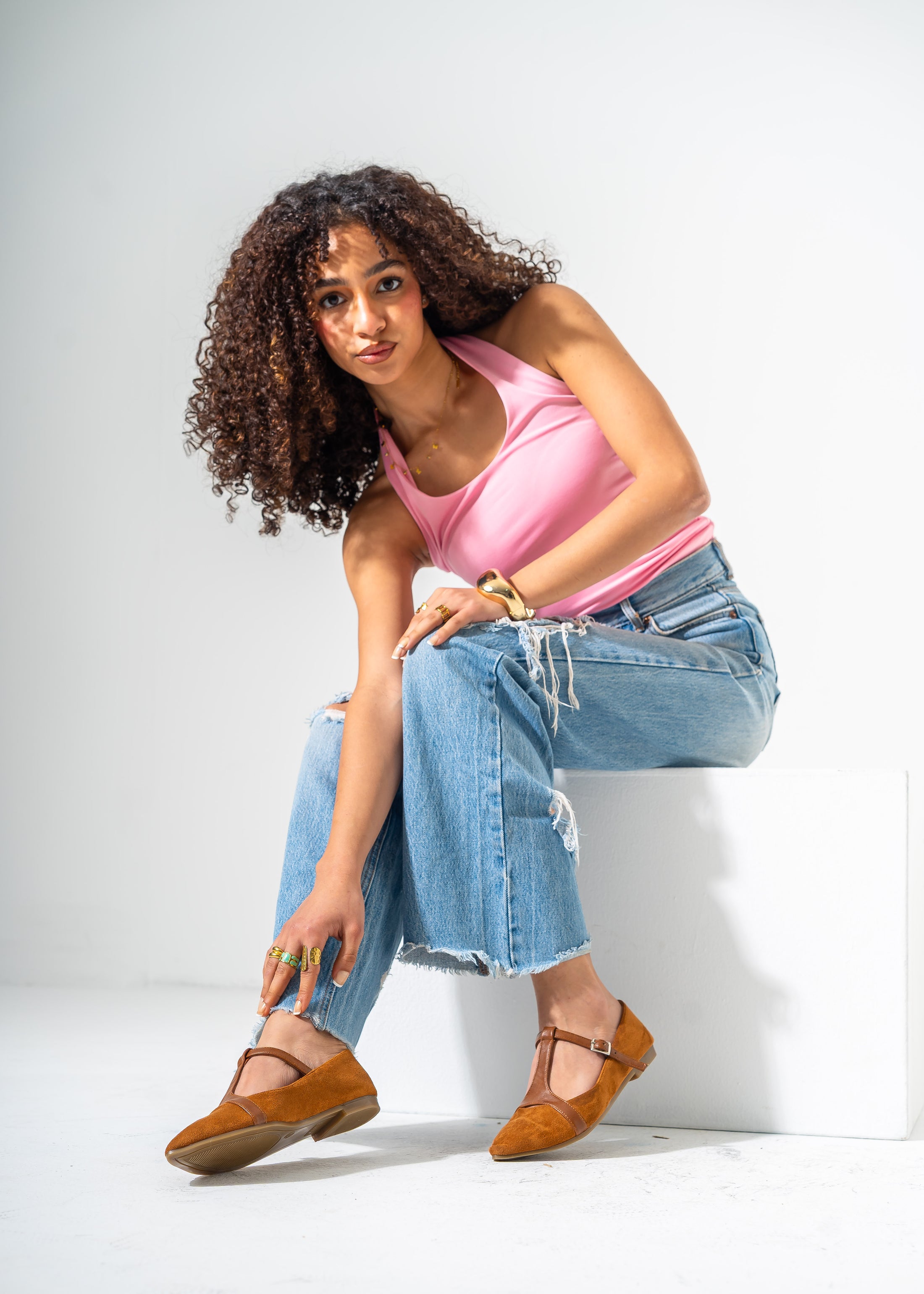 Elegant Buckled T-Strap Flats-CAMEL