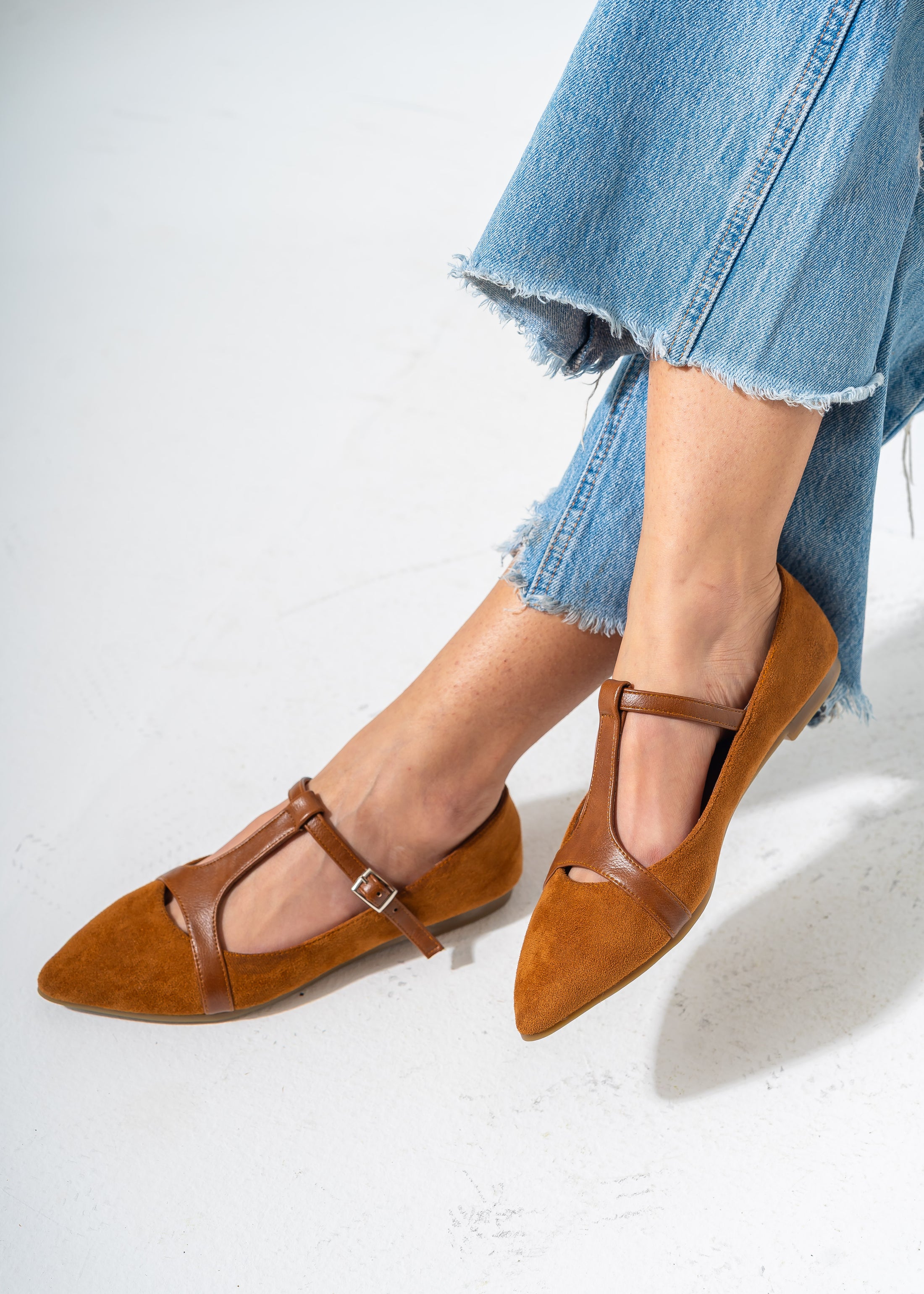 Elegant Buckled T-Strap Flats-CAMEL