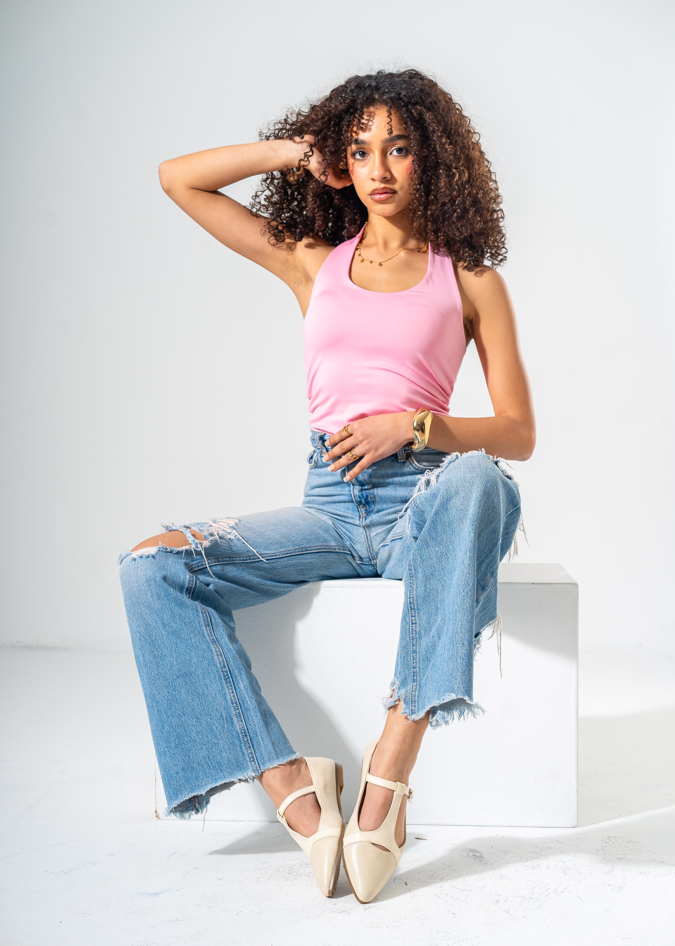 Pointed-Toe T-Strap Mary Jane Flats-BEIGE