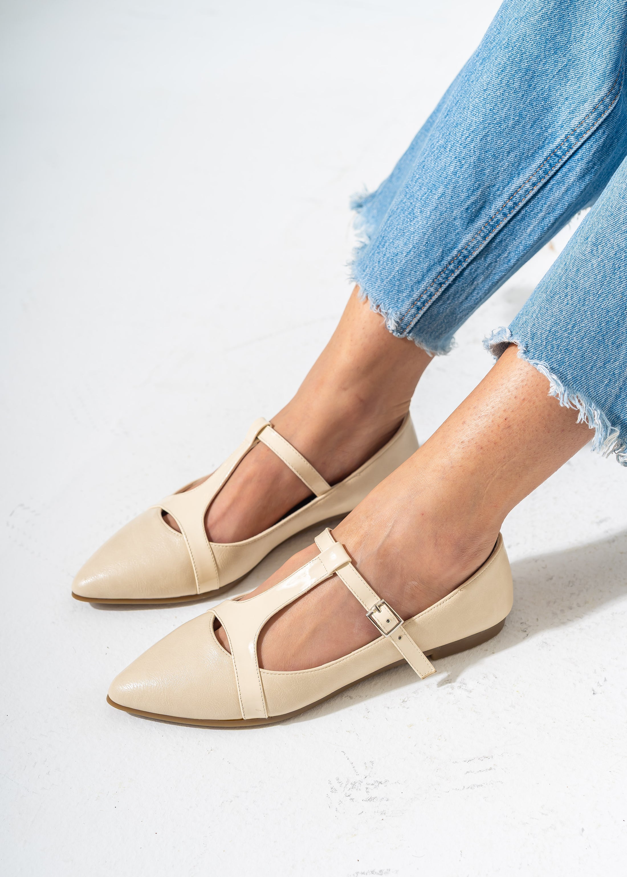 Pointed-Toe T-Strap Mary Jane Flats-BEIGE