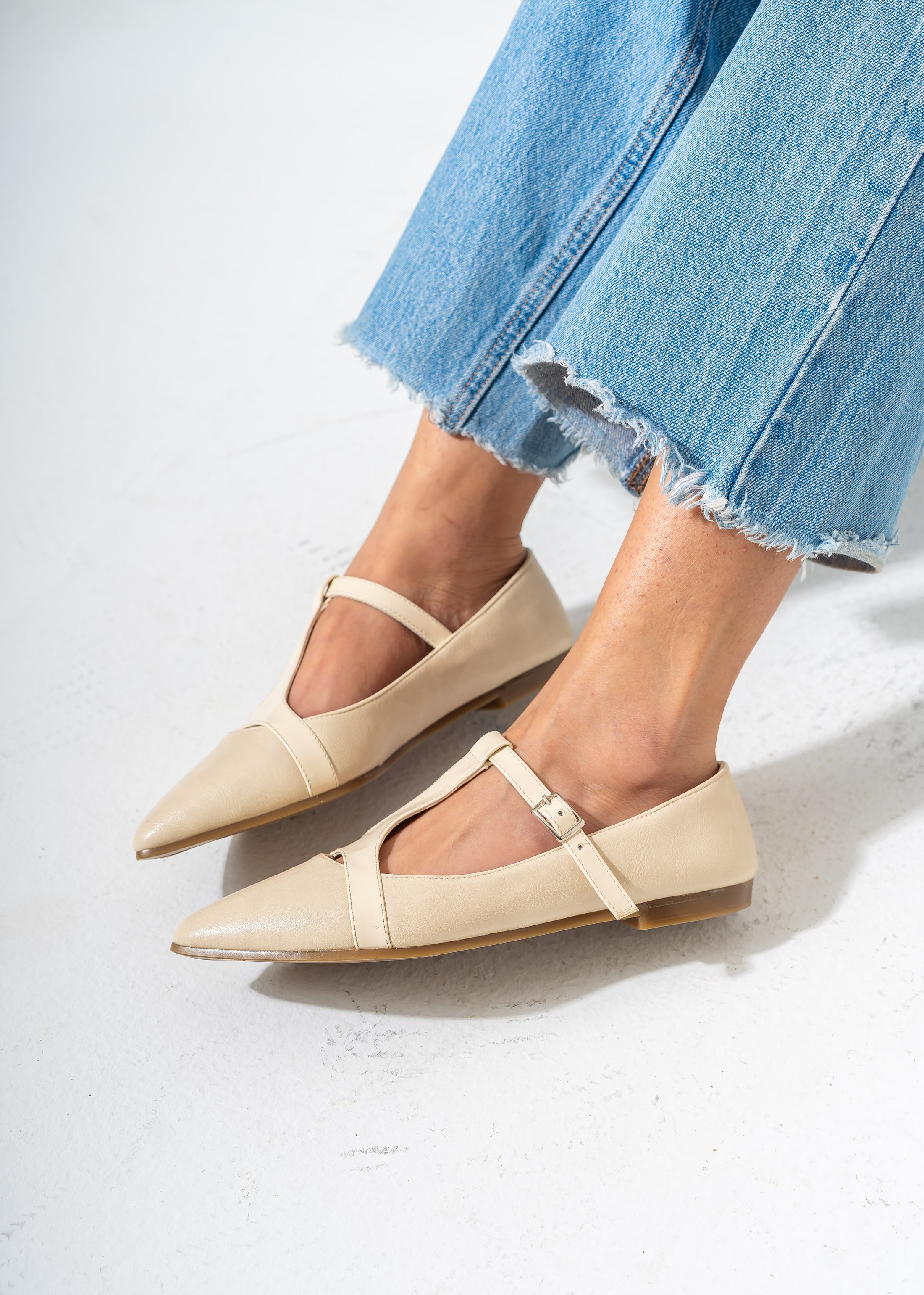 Pointed-Toe T-Strap Mary Jane Flats-BEIGE