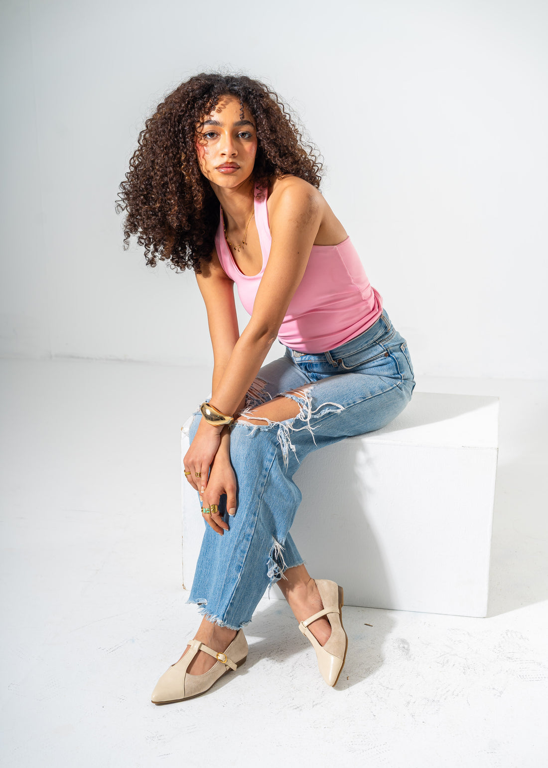 Pointed Toe T-Strap Flats-BEIGE