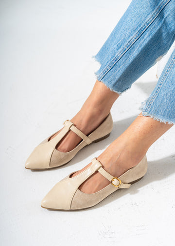 Pointed Toe T-Strap Flats-BEIGE