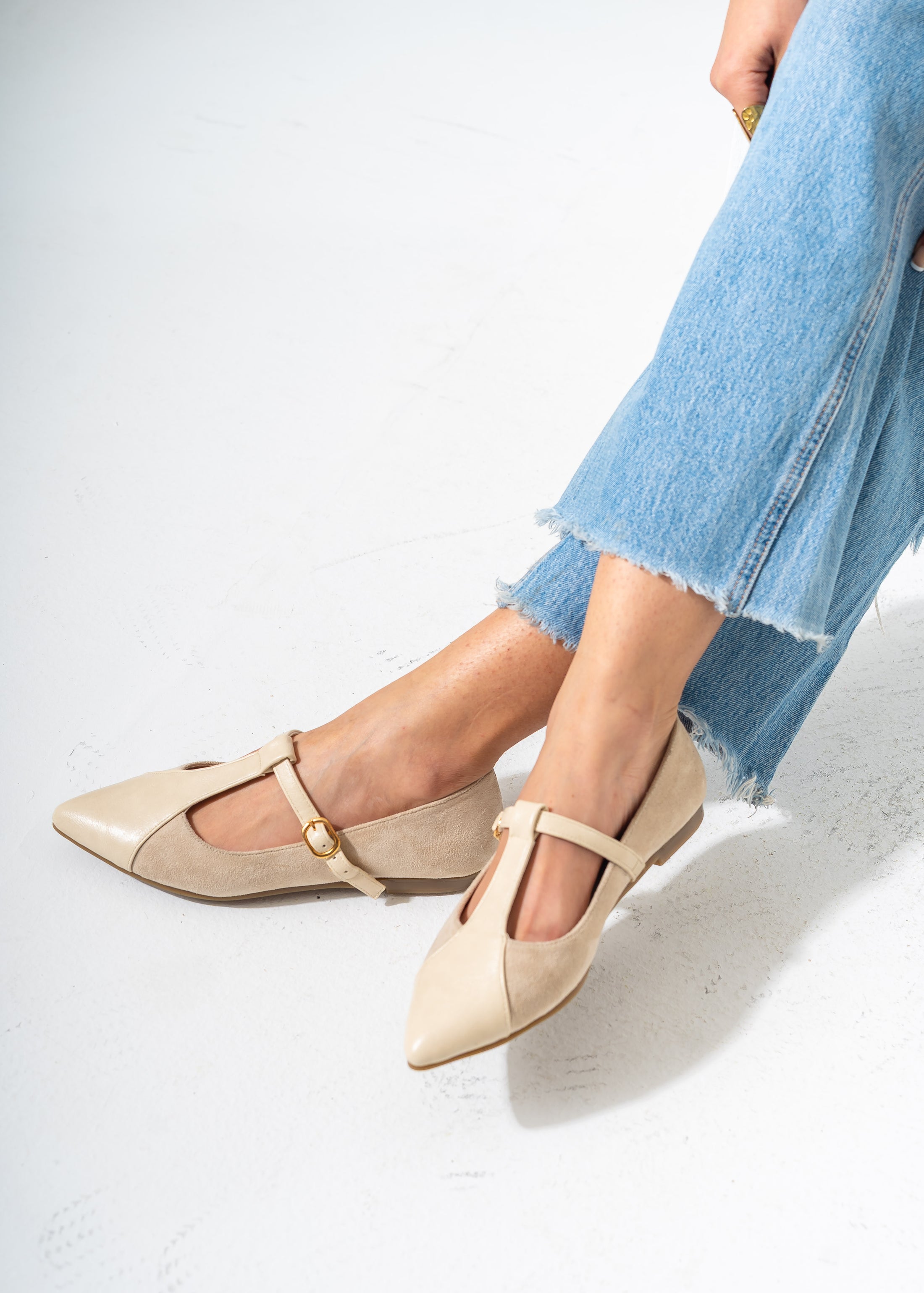 Pointed Toe T-Strap Flats-BEIGE