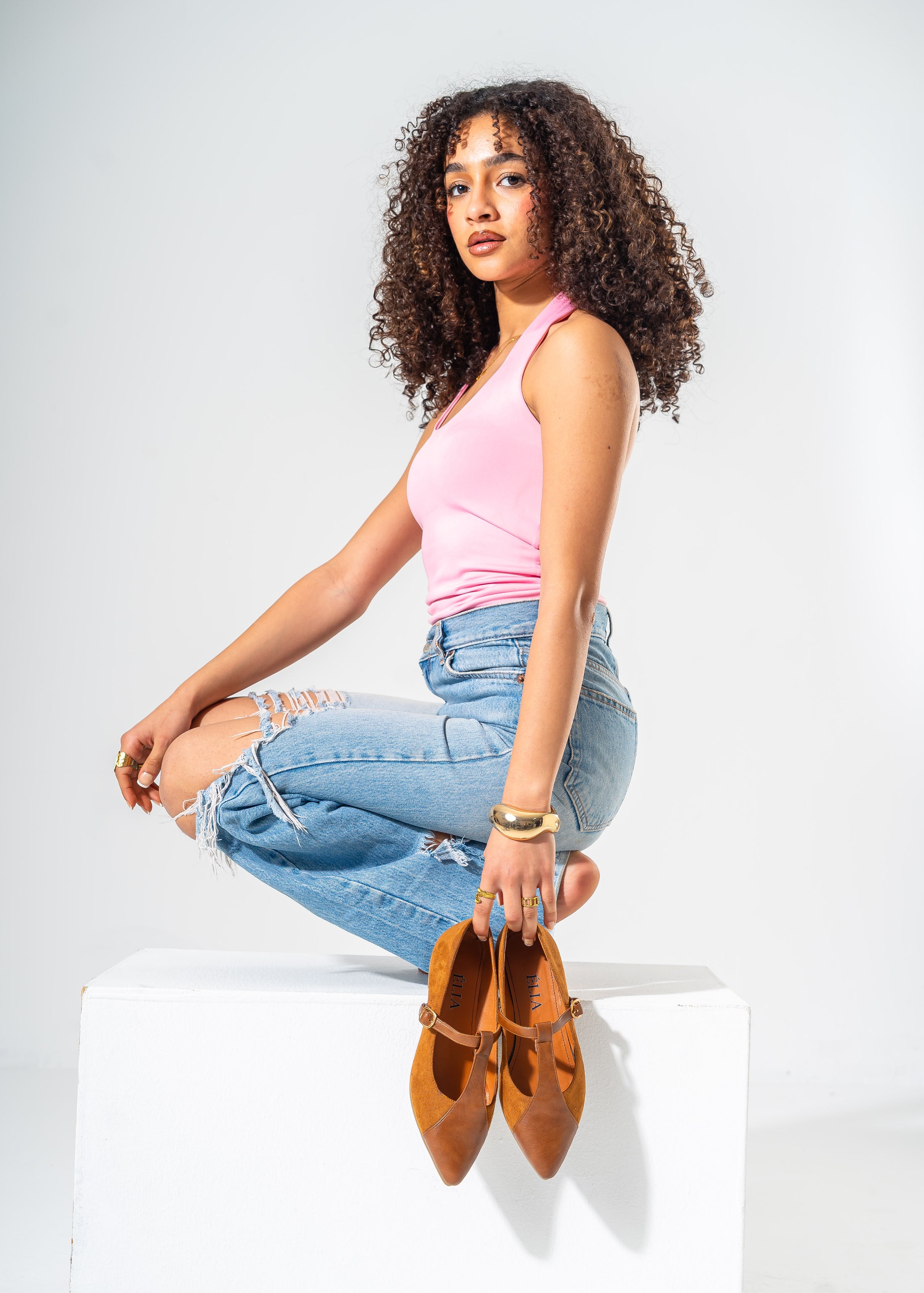 Pointed Toe T-Strap Flats-CAMEL