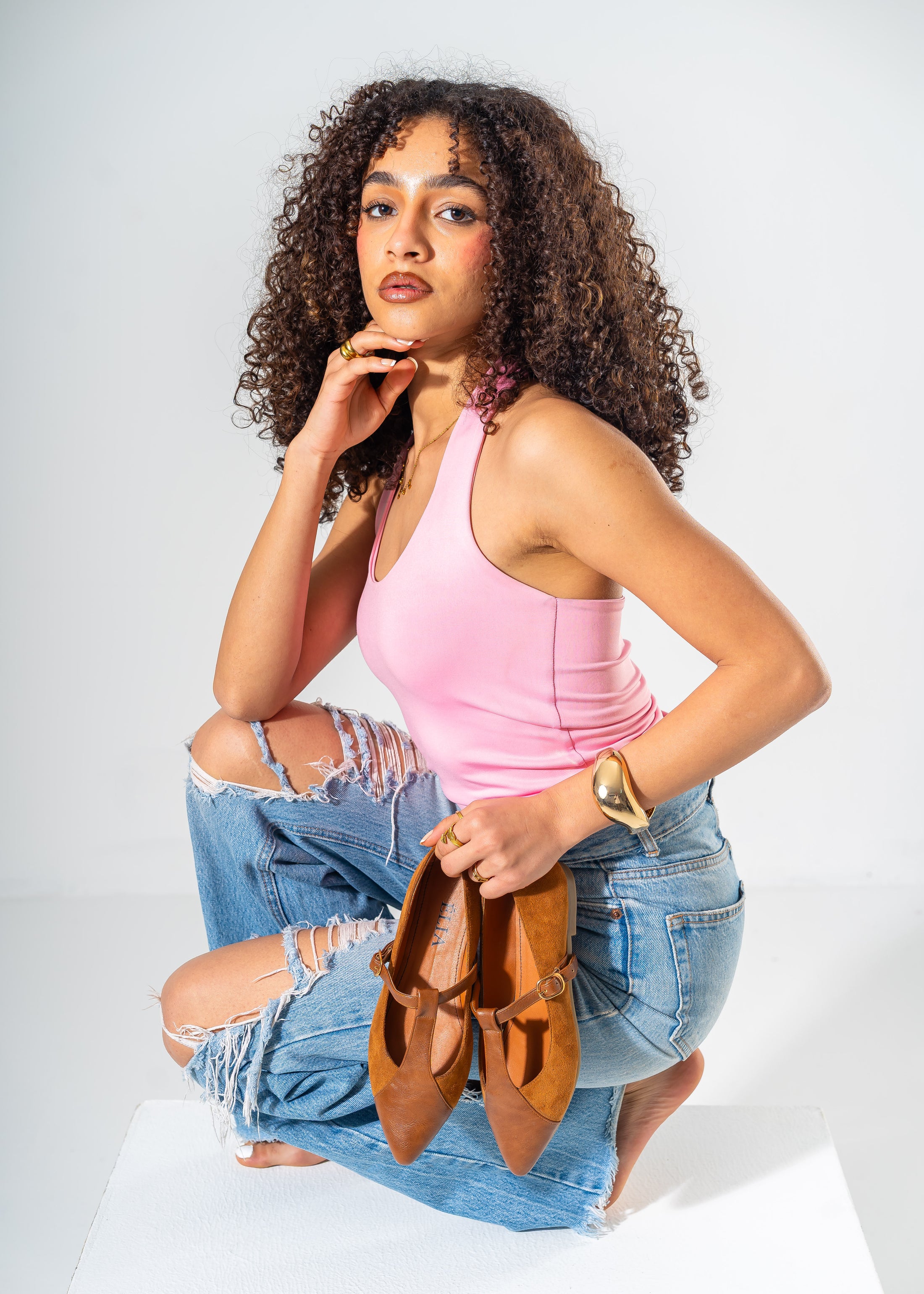 Pointed Toe T-Strap Flats-CAMEL