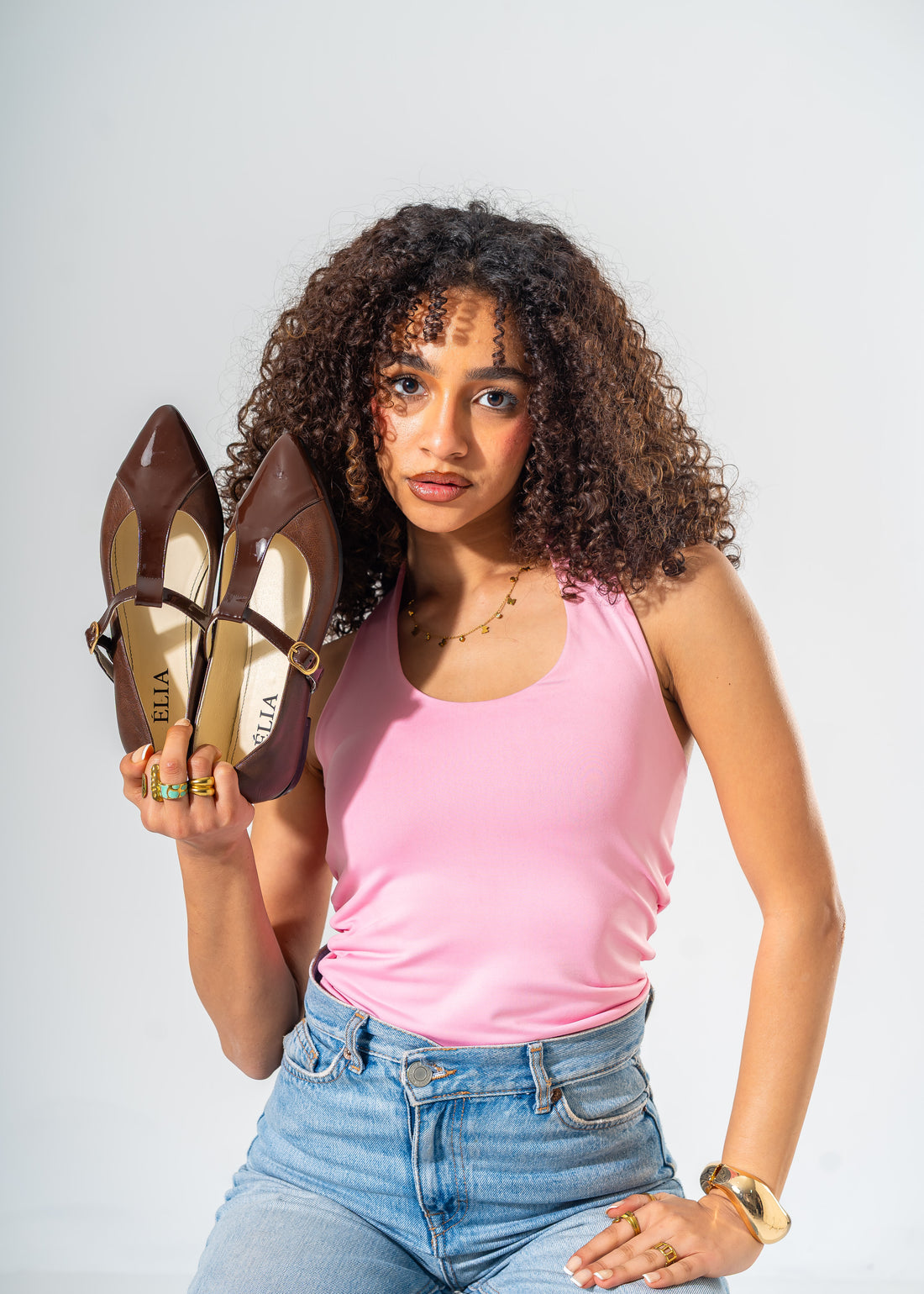Pointed T-Bar Ballet Flats-BROWN