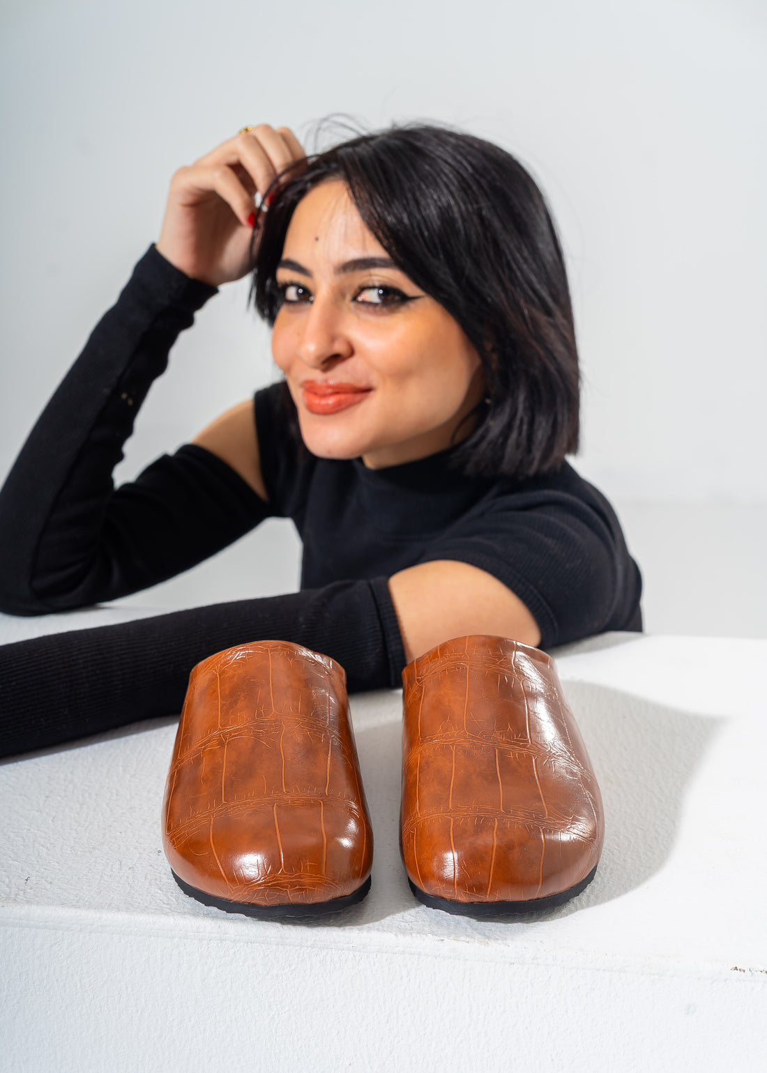 Embossed Croc-Effect Comfort Clogs-CAMEL