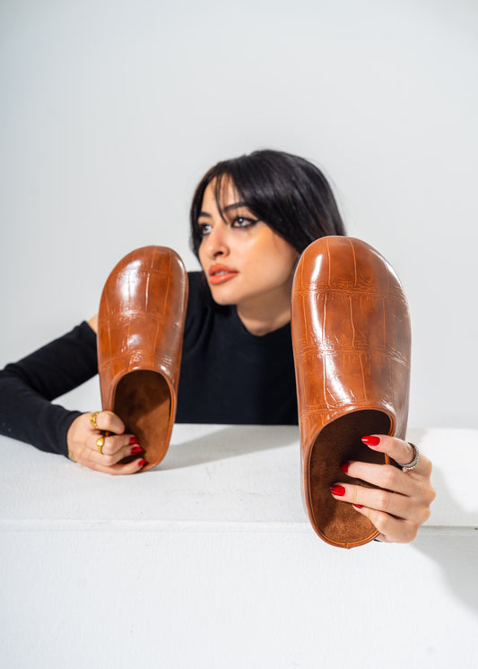 Embossed Croc-Effect Comfort Clogs-CAMEL